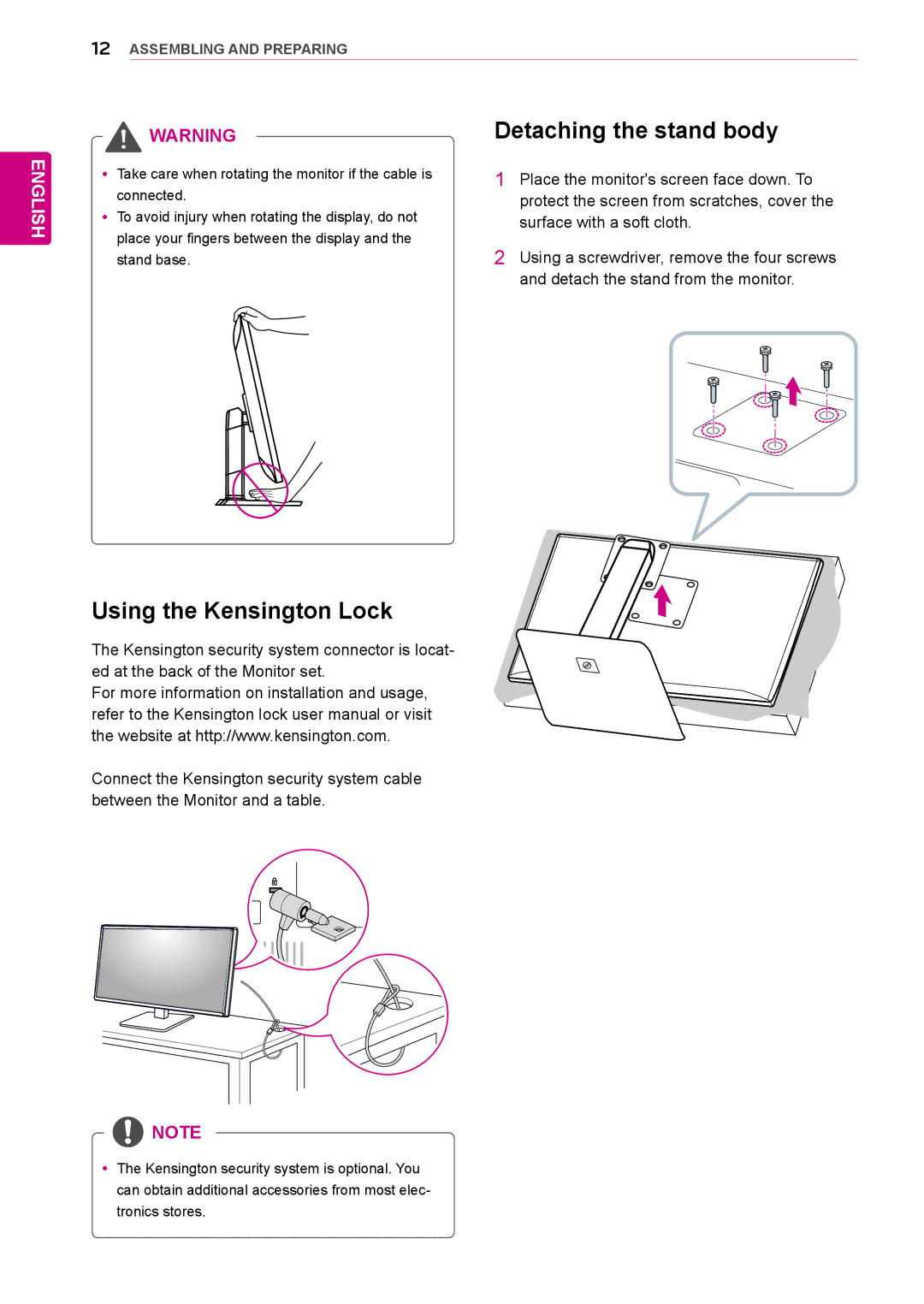 LG Electronics 27MB85RB owner manual Using the Kensington Lock, Detaching the stand body 