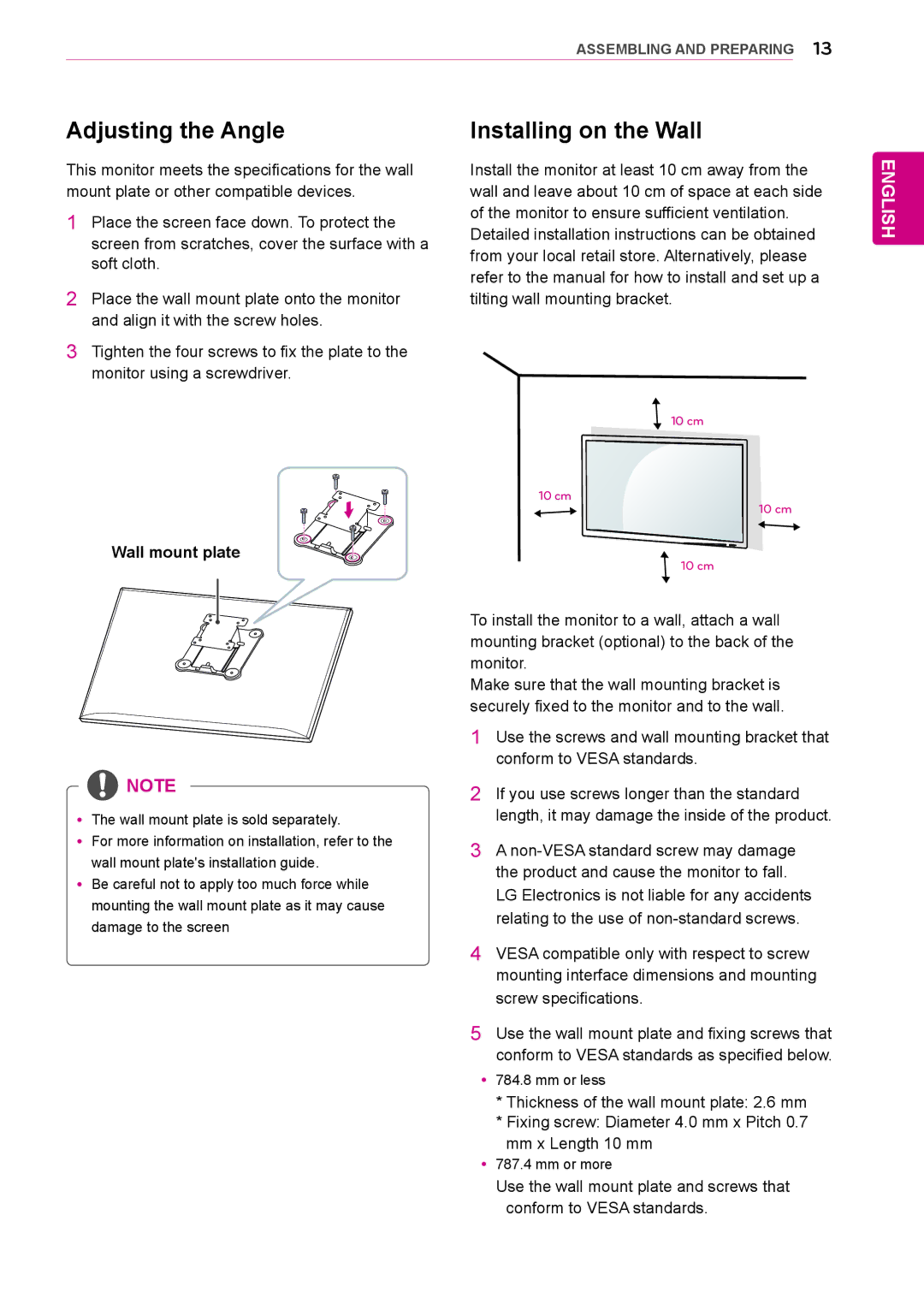 LG Electronics 27MB85RB owner manual Adjusting the Angle, Installing on the Wall, Wall mount plate 