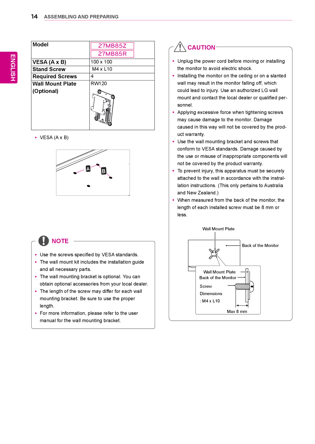 LG Electronics 27MB85RB owner manual Model, Vesa a x B, Stand Screw, Required Screws Wall Mount Plate, Optional 