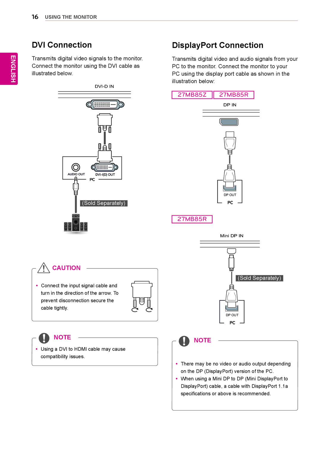 LG Electronics 27MB85RB owner manual DVI Connection, DisplayPort Connection 