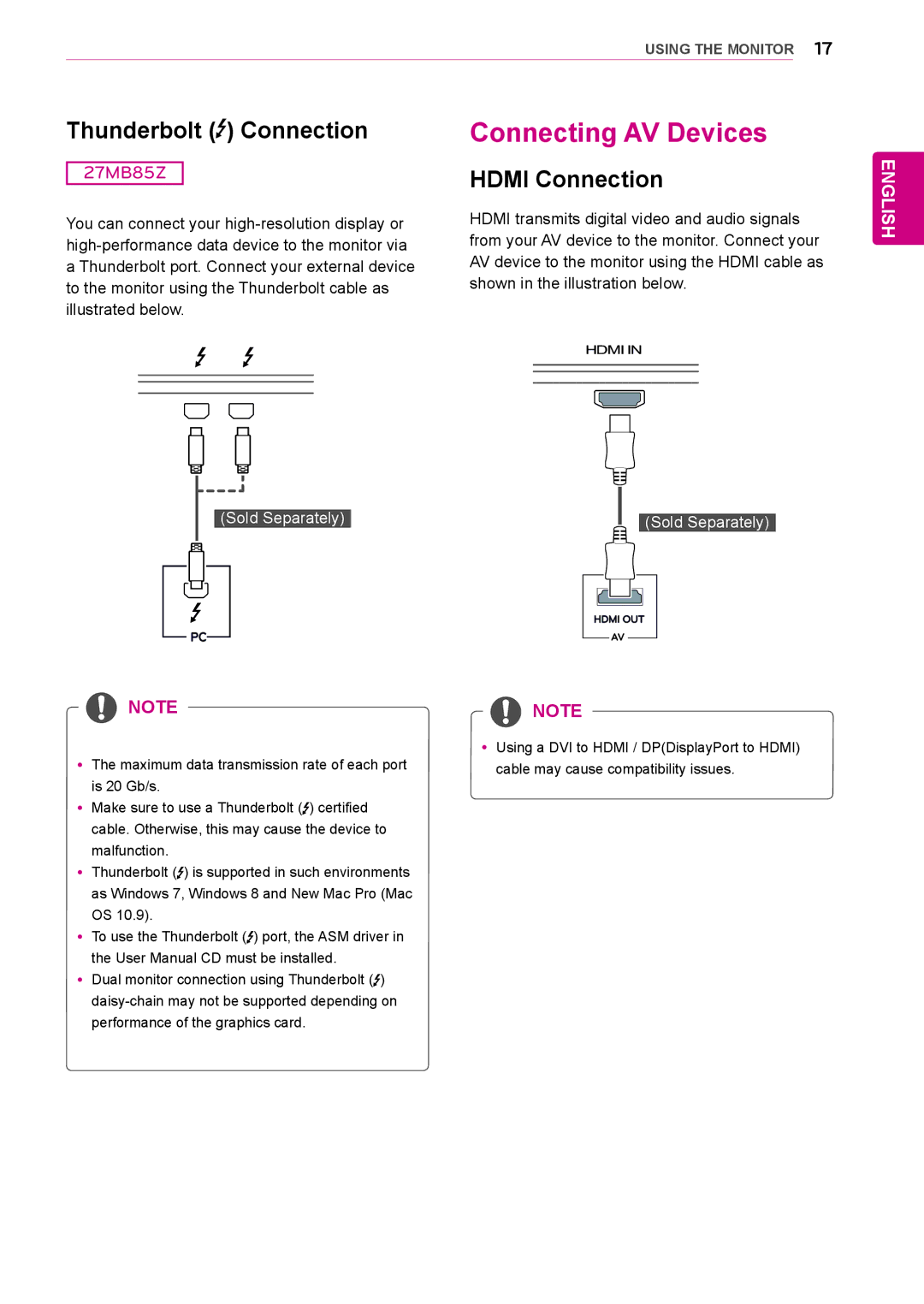 LG Electronics 27MB85RB owner manual Connecting AV Devices, Thunderbolt Connection 