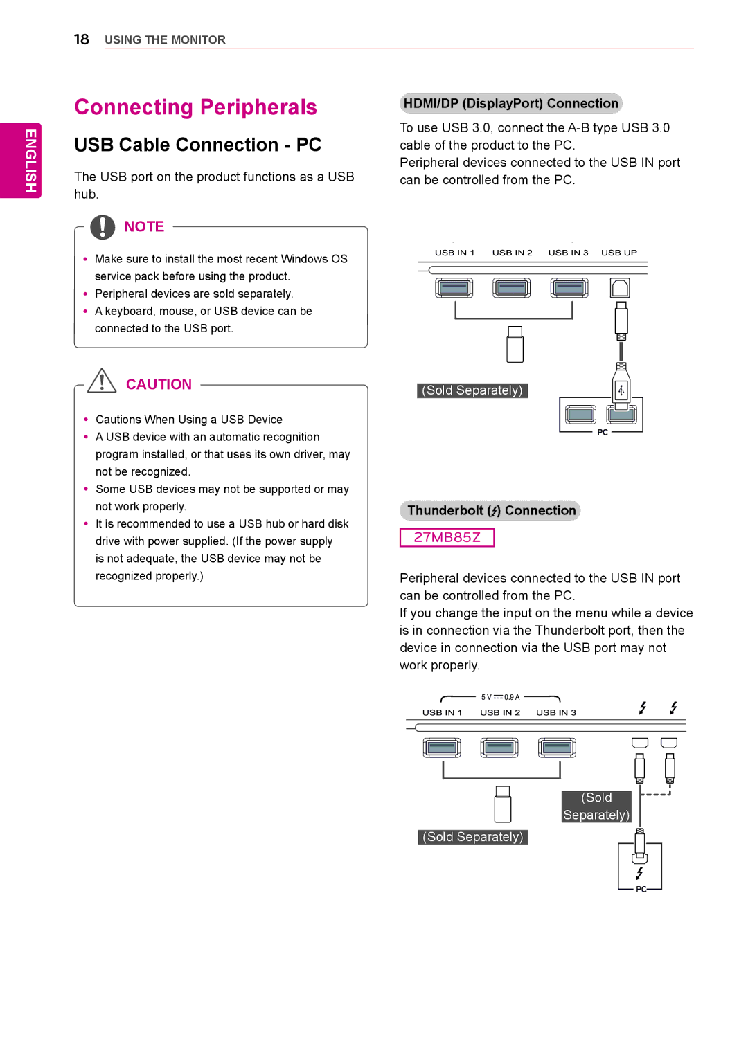 LG Electronics 27MB85RB Connecting Peripherals, USB Cable Connection PC, USB port on the product functions as a USB hub 