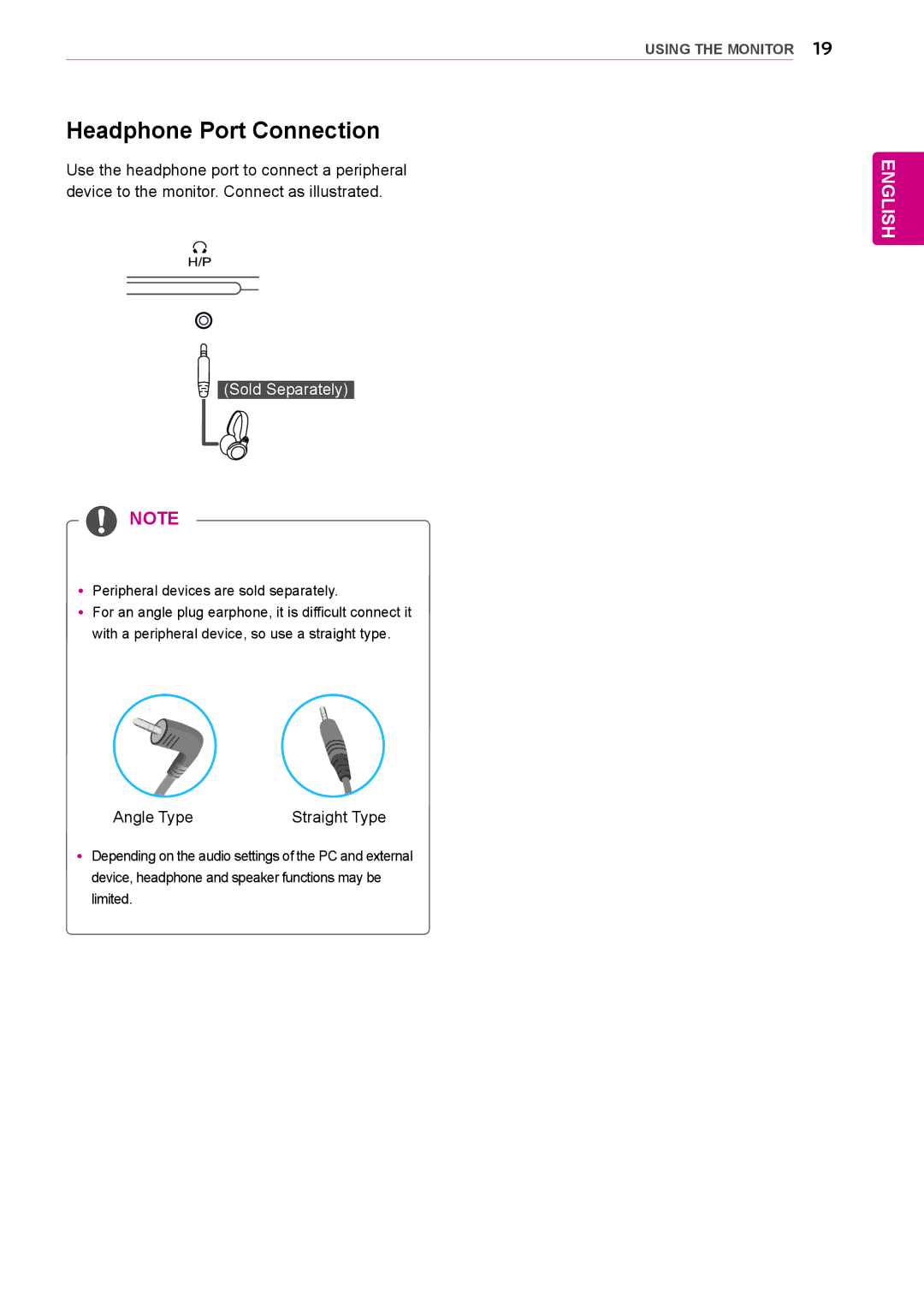 LG Electronics 27MB85RB owner manual Headphone Port Connection, Angle Type Straight Type 