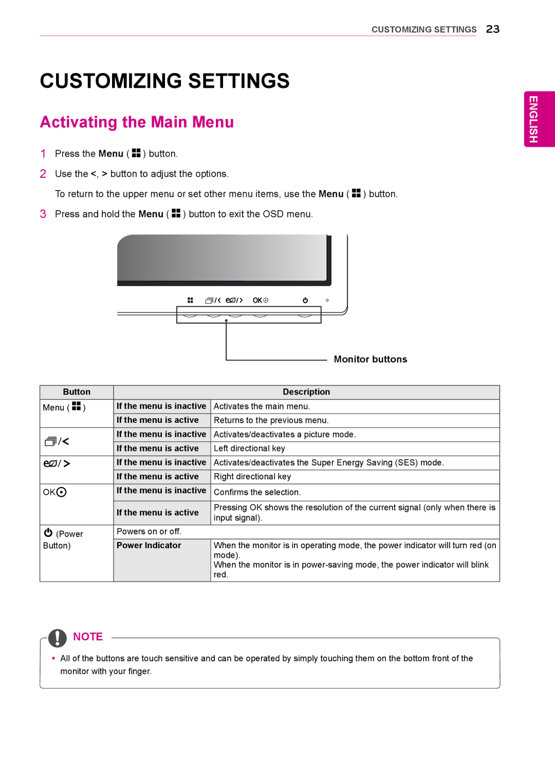 LG Electronics 27MB85RB owner manual Customizing Settings, Activating the Main Menu, Monitor buttons 