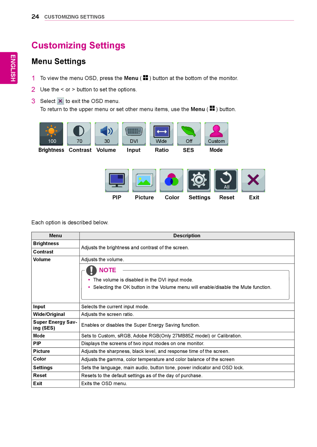 LG Electronics 27MB85RB owner manual Customizing Settings, Menu Settings, Contrast Volume Input Ratio 