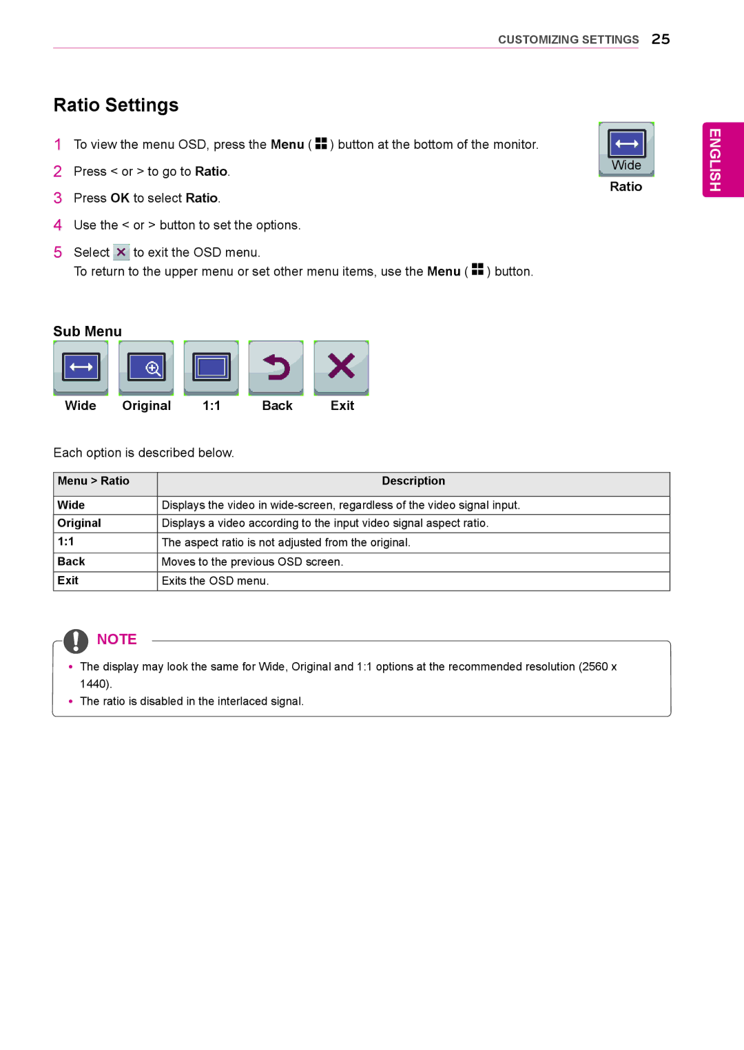 LG Electronics 27MB85RB Ratio Settings, Press OK to select Ratio, Wide Original Back Exit Each option is described below 