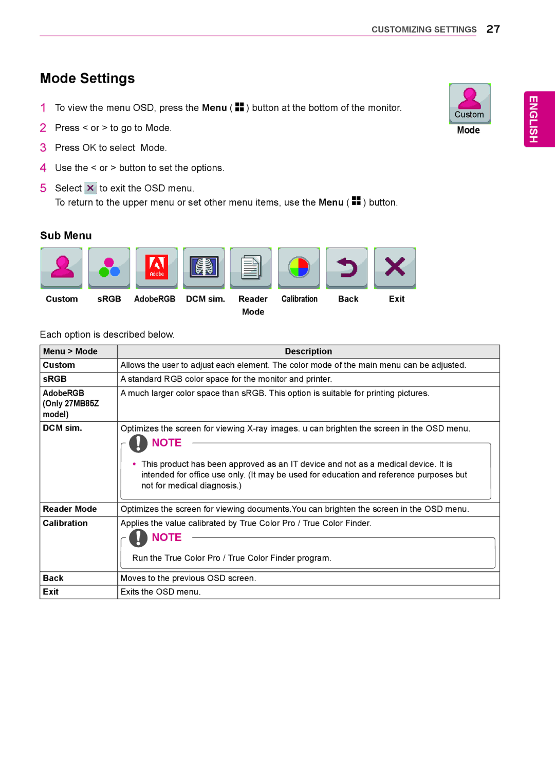 LG Electronics 27MB85RB owner manual Mode Settings, Press or to go to Mode, Each option is described below 