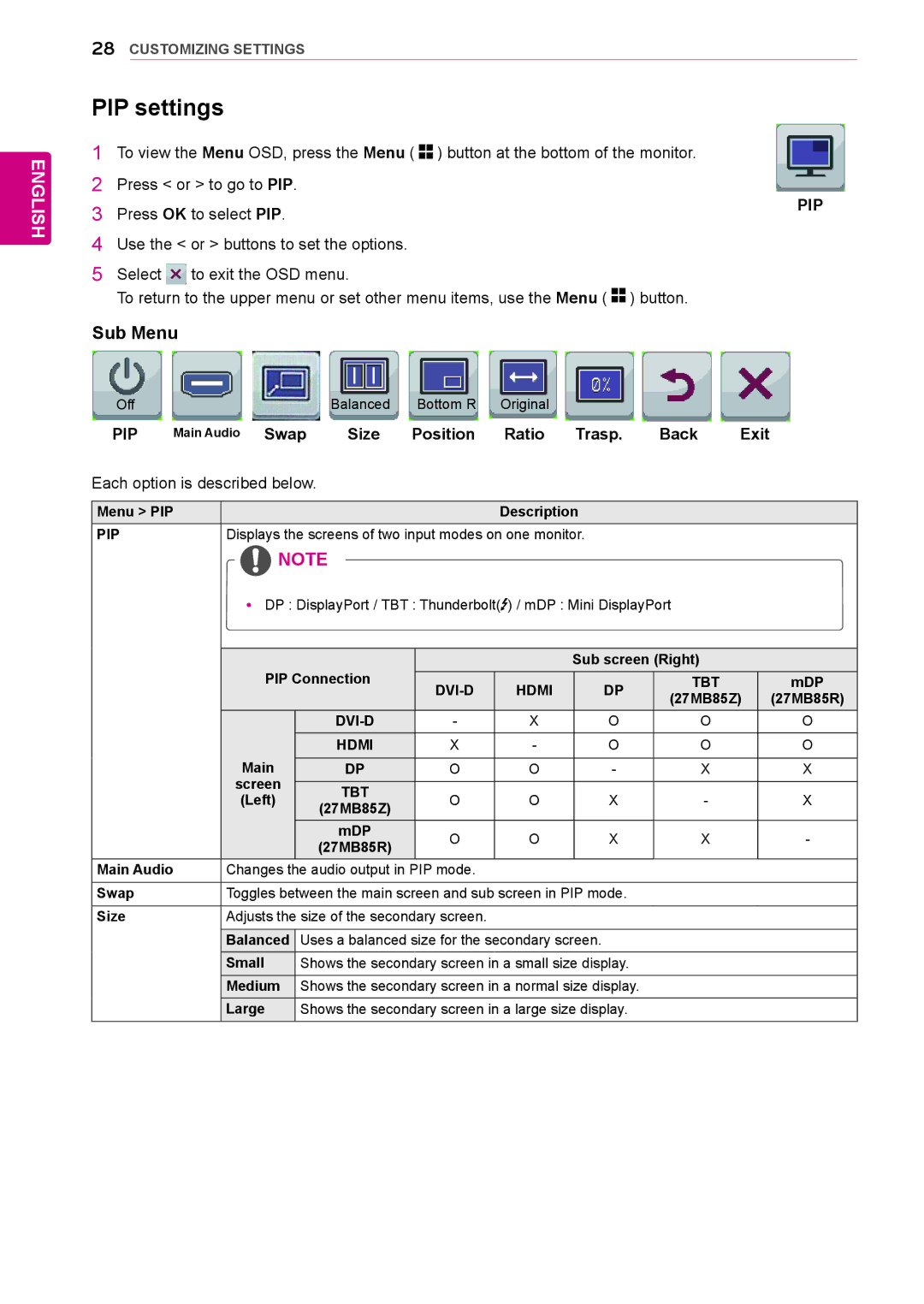 LG Electronics 27MB85RB owner manual PIP settings 