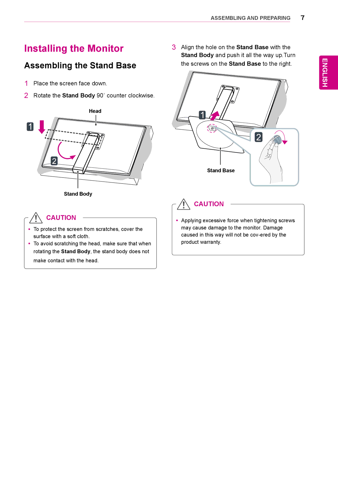 LG Electronics 27MB85RB Installing the Monitor, Assembling the Stand Base, Align the hole on the Stand Base with 