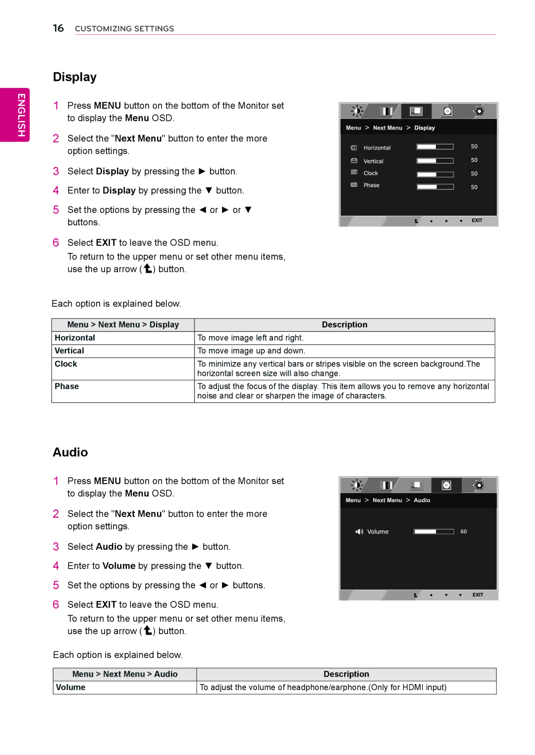 LG Electronics 27MP35HQ owner manual Display, Audio, Noise and clear or sharpen the image of characters 