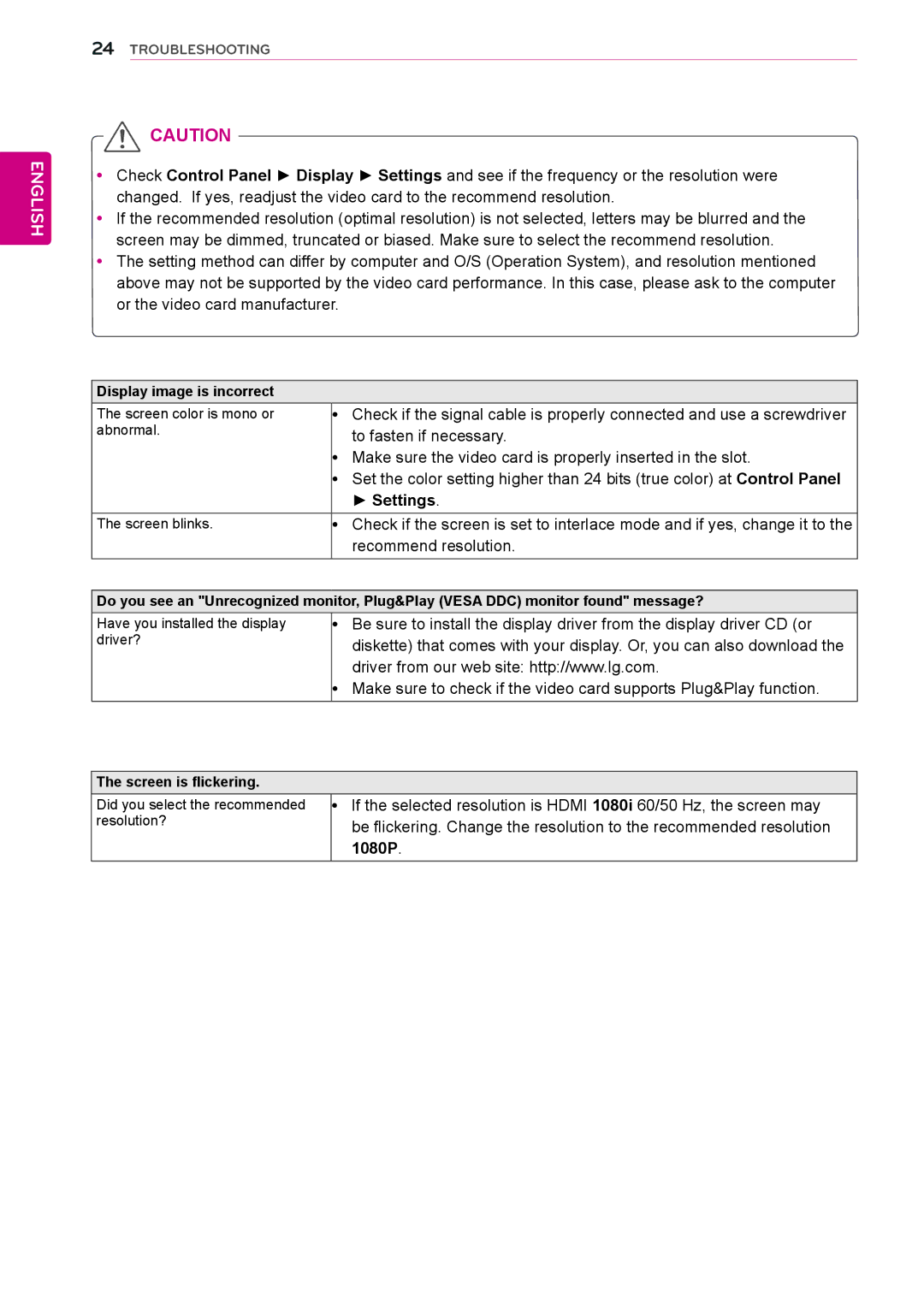 LG Electronics 27MP35HQ owner manual Settings, 1080P, Screen is flickering 