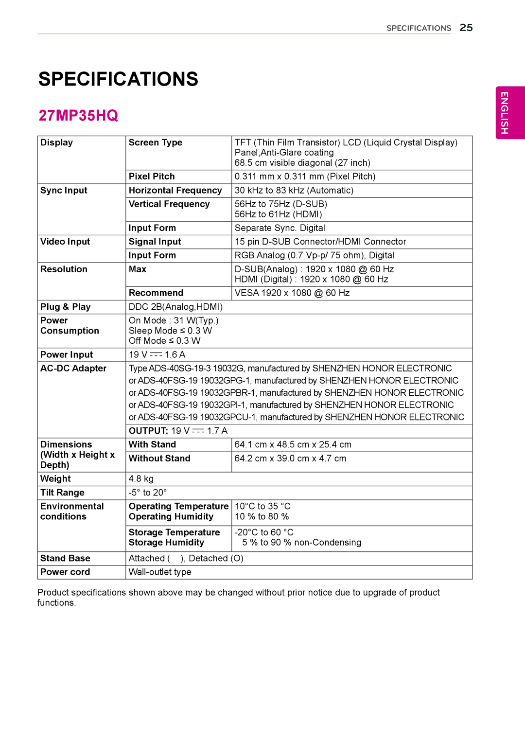 LG Electronics 27MP35HQ owner manual Specifications‌ 