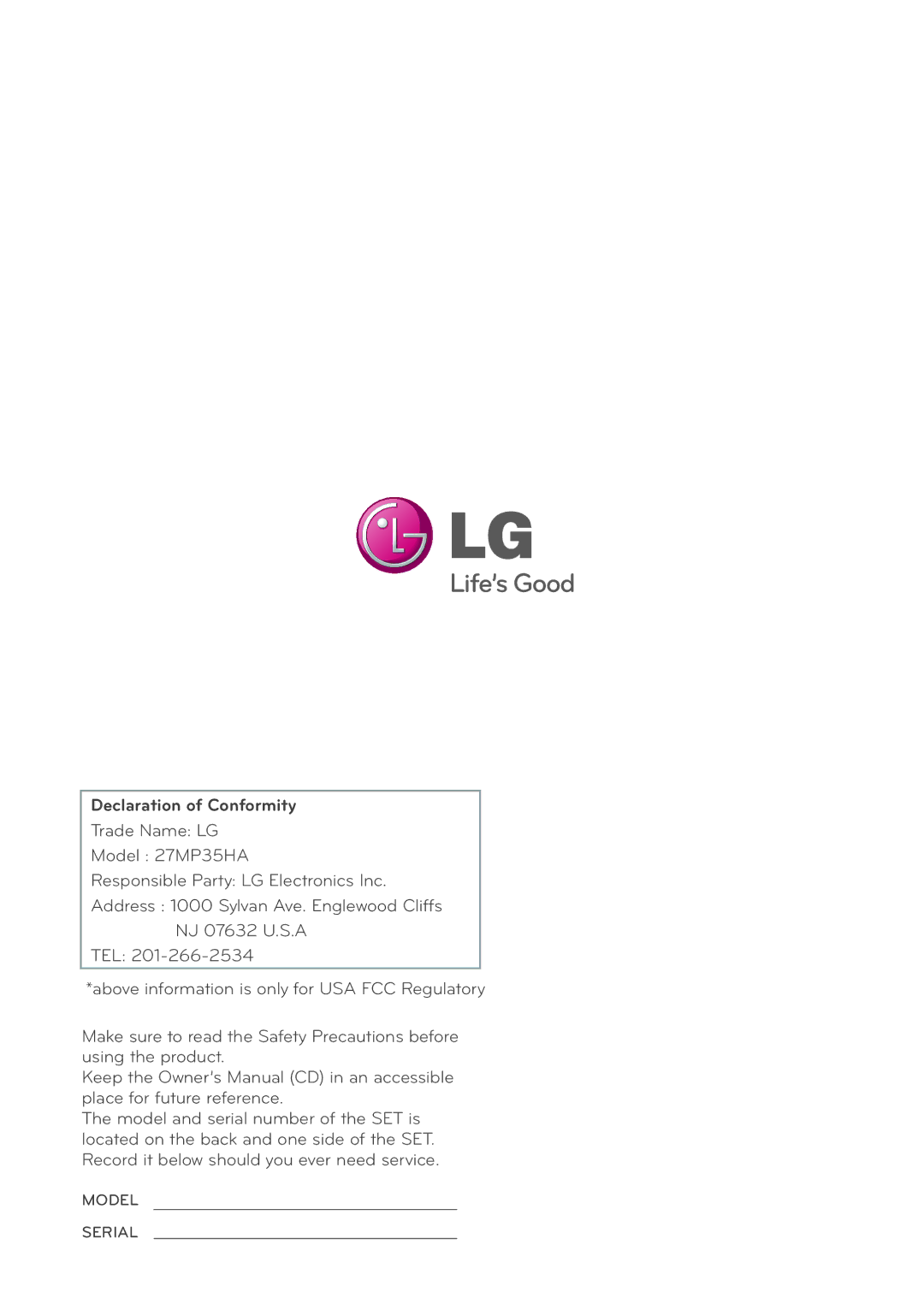 LG Electronics 27MP35HQ owner manual Declaration of Conformity 