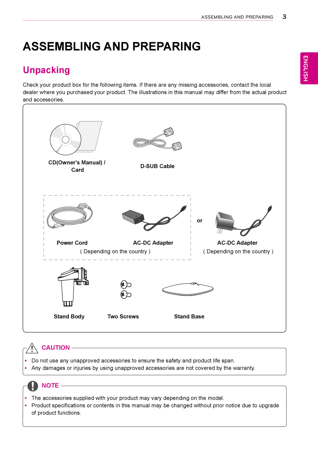 LG Electronics 27MP35HQ owner manual Assembling and Preparing, Unpacking 