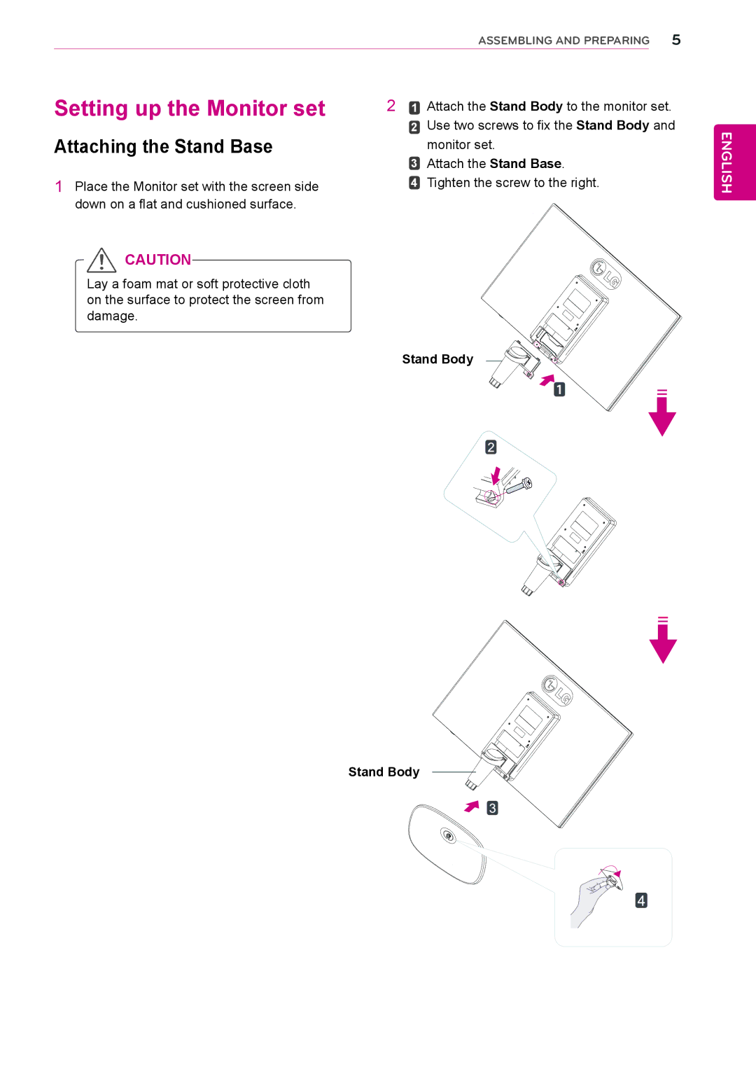 LG Electronics 27MP35HQ owner manual Setting up the Monitor set, Attaching the Stand Base, Stand Body 