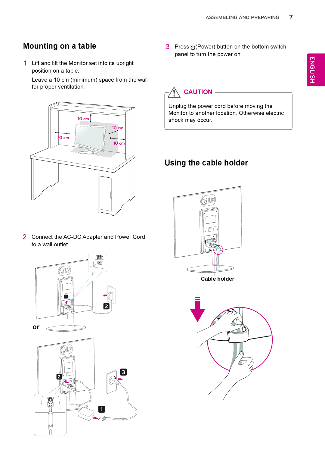 LG Electronics 27MP35HQ owner manual Mounting on a table, Using the cable holder, Cable holder 