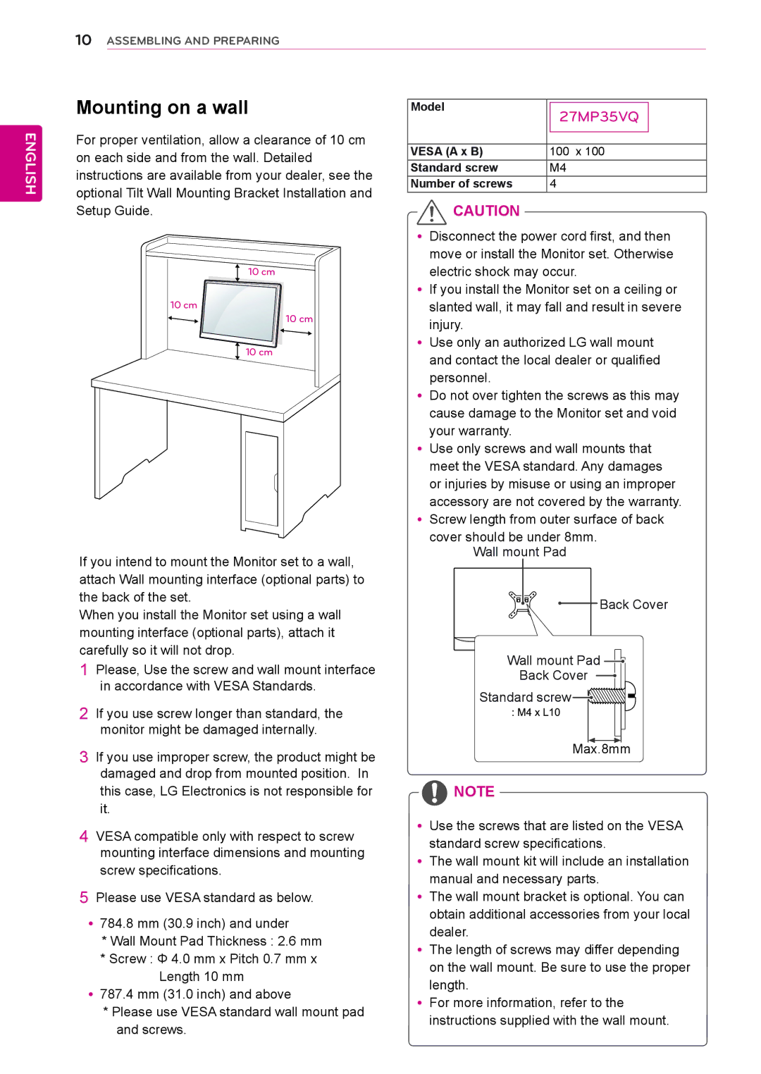 LG Electronics 27MP35VQB owner manual Mounting on a wall, Model, Vesa a x B 100 x Standard screw Number of screws 