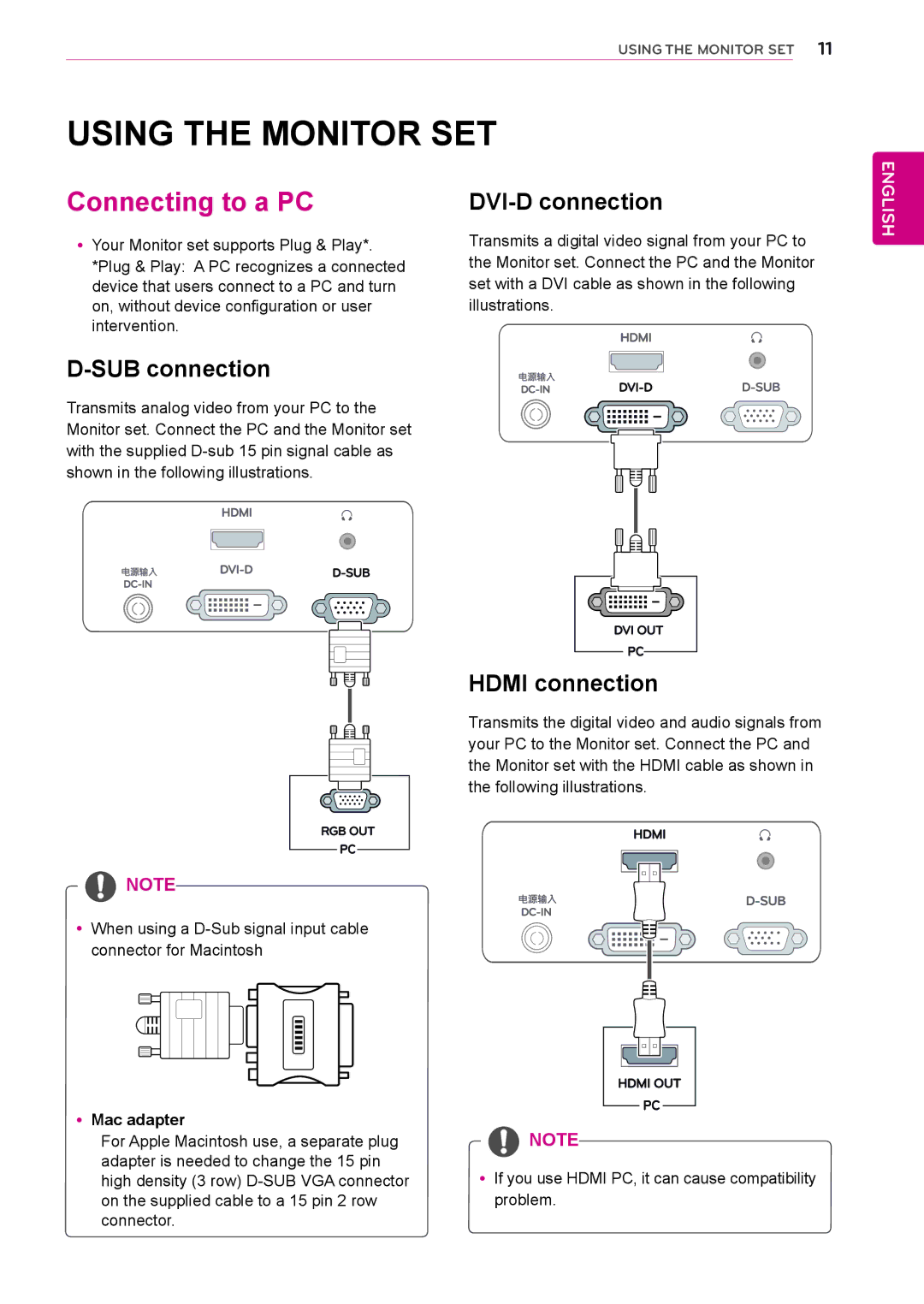 LG Electronics 27MP35VQB Using the Monitor SET, Connecting to a PC, SUB connection, DVI-D connection, Hdmi connection 