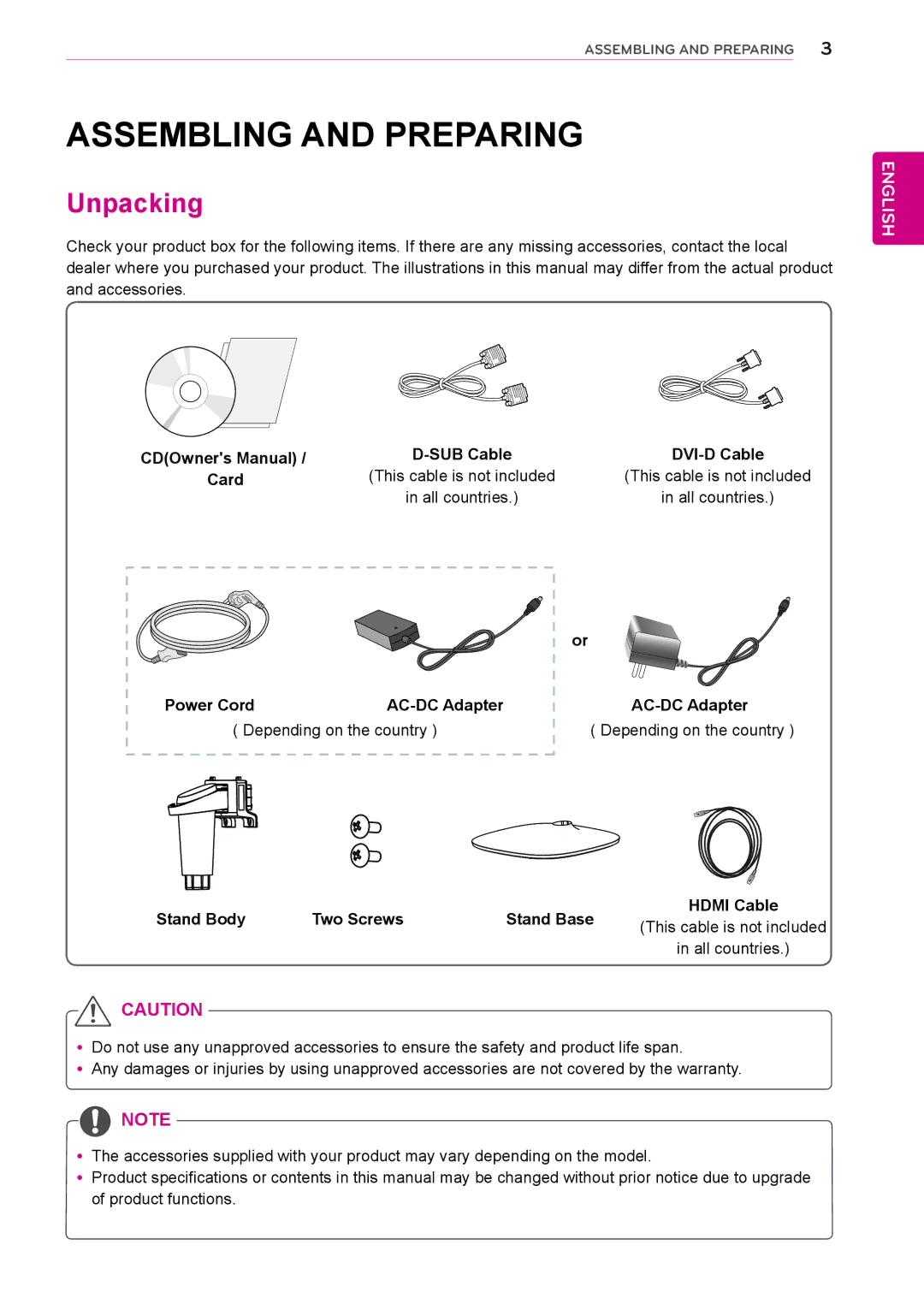 LG Electronics 27MP35VQB owner manual Assembling and Preparing, Unpacking, SUB Cable DVI-D Cable Card 