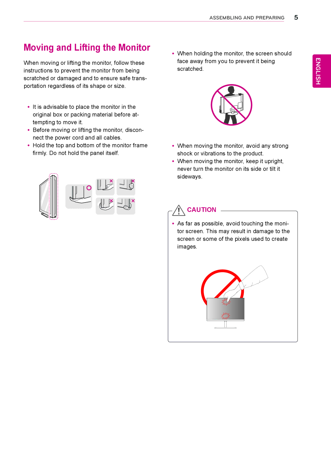 LG Electronics 27MP35VQB owner manual Moving and Lifting the Monitor 