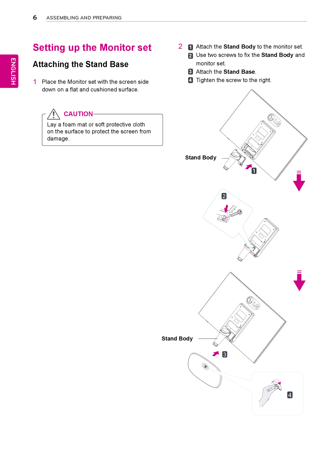 LG Electronics 27MP35VQB owner manual Setting up the Monitor set, Attaching the Stand Base, Stand Body 