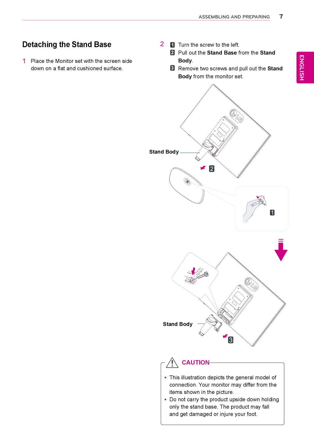 LG Electronics 27MP35VQB owner manual Detaching the Stand Base, Body 