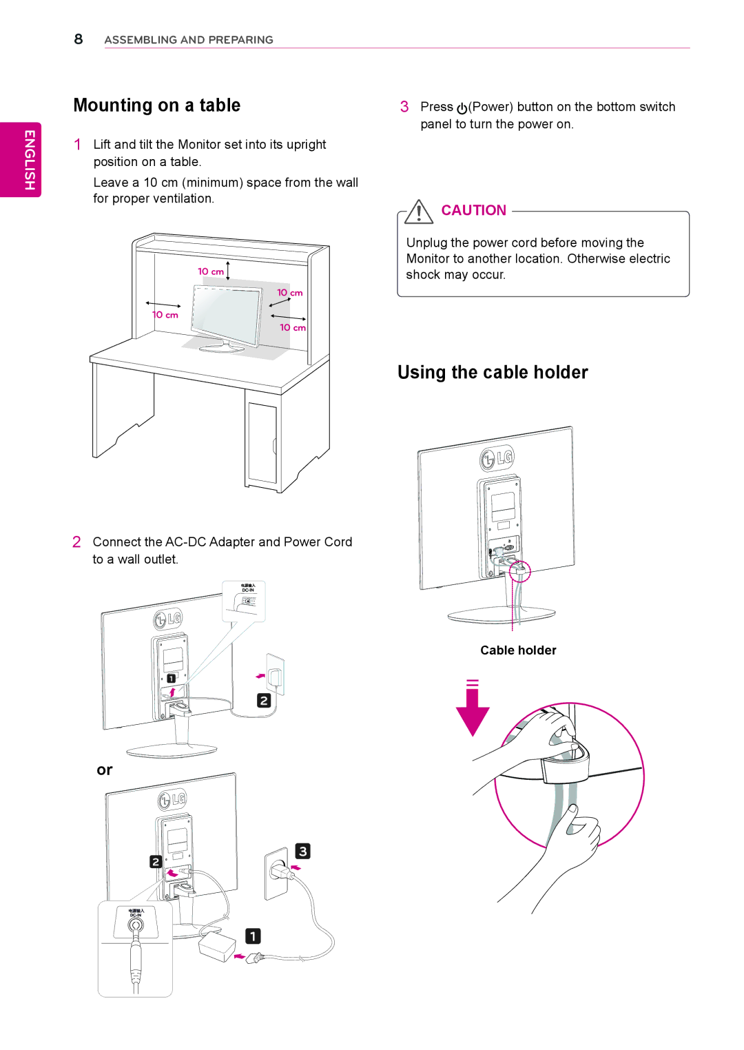 LG Electronics 27MP35VQB owner manual Mounting on a table, Using the cable holder, Cable holder 