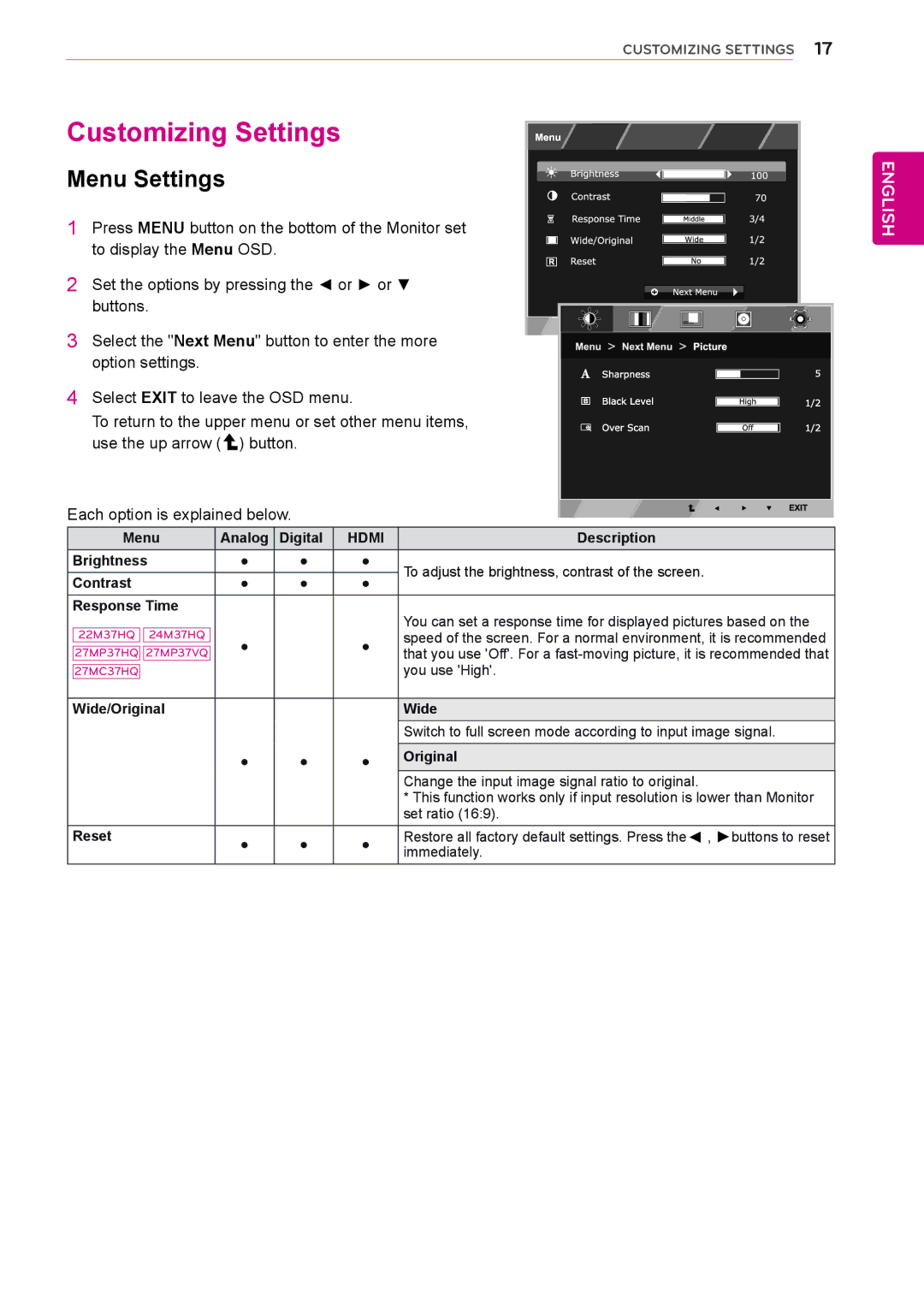 LG Electronics 19M37A, 27MP37VQ Customizing Settings, Menu Settings, Press Menu button on the bottom of the Monitor set 