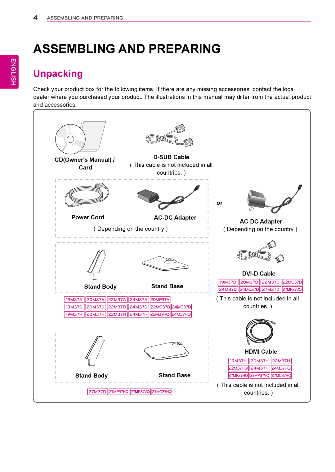 LG Electronics 24M37D, 27MP37VQ, 27MC37HQ, 27MP37HQ, 24M37HQ, 24M37A, 27M37D, 24MC37D, 22M37H Assembling and Preparing, Unpacking 