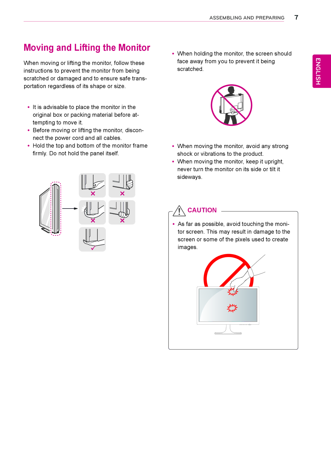 LG Electronics 24MC37D, 27MP37VQ, 27MC37HQ, 27MP37HQ, 24M37HQ, 24M37D, 24M37A, 27M37D, 22MC37D Moving and Lifting the Monitor 