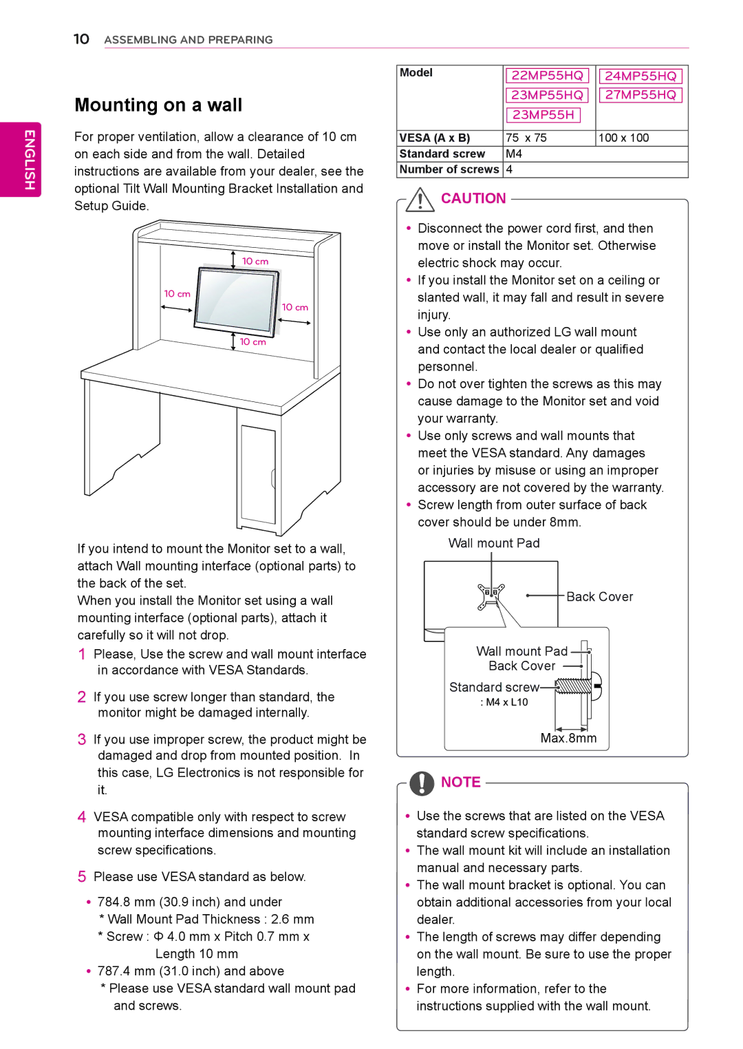 LG Electronics 27MP55HQ, 24MP55HQ, 22MP55HQ, 23MP55HQ owner manual Mounting on a wall 