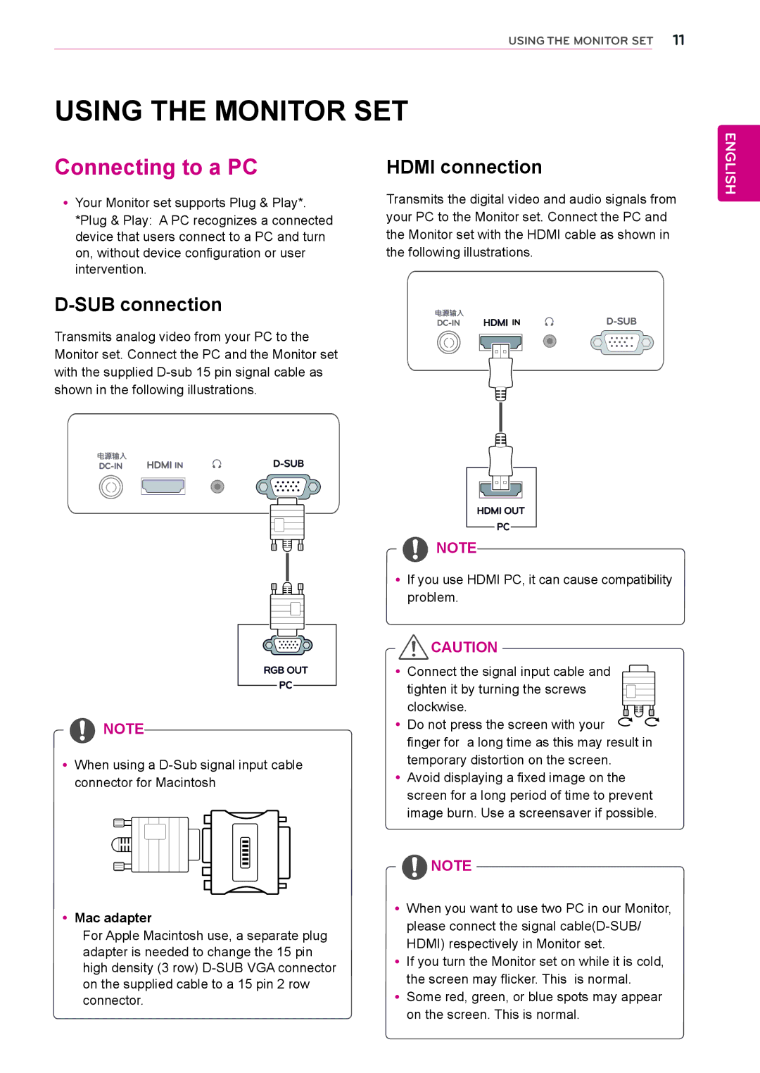 LG Electronics 24MP55HQ, 23MP55H Using the Monitor SET, Connecting to a PC, SUB connection, Hdmi connection, YyMac adapter 