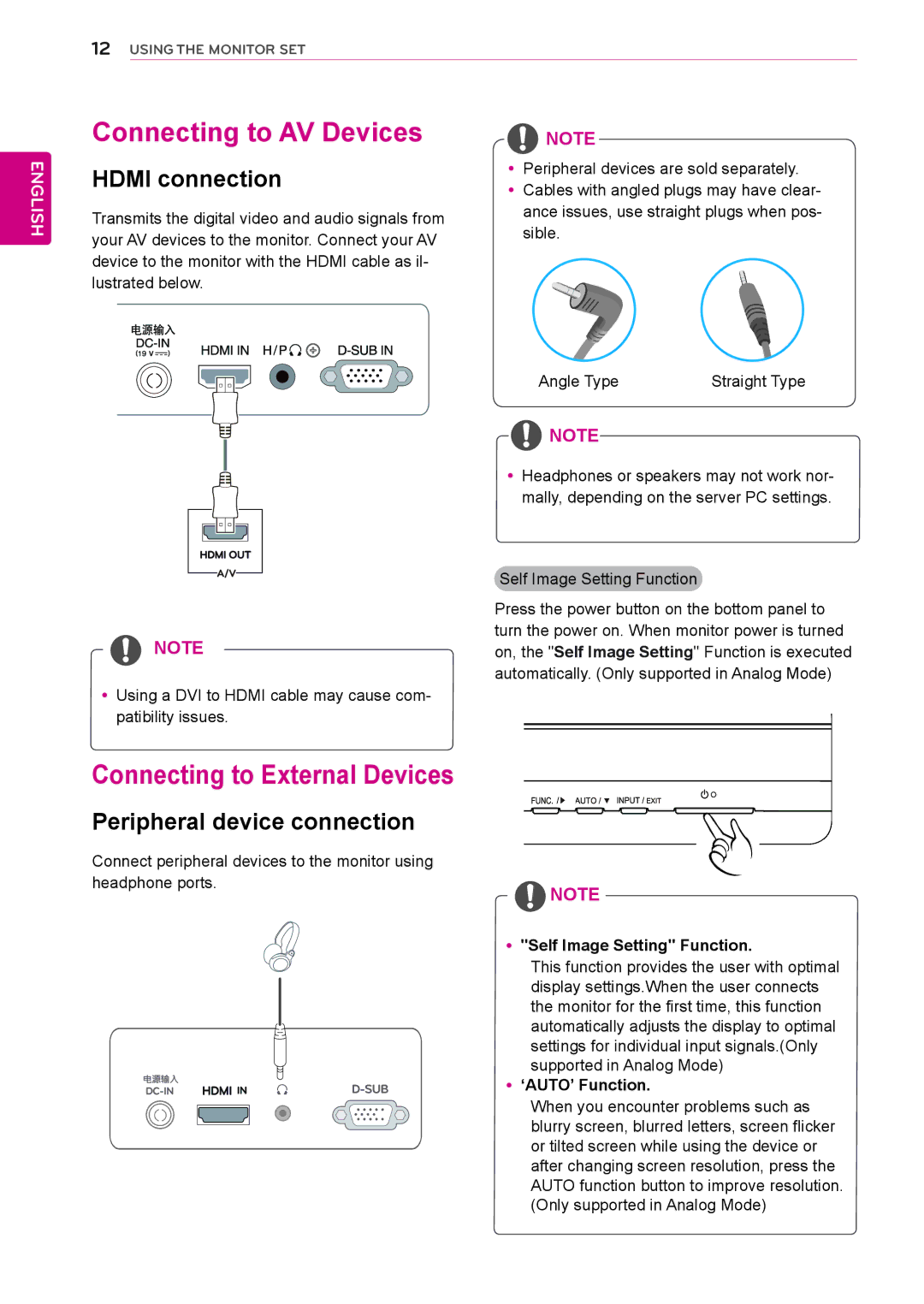 LG Electronics 22MP55HQ, 27MP55HQ Connecting to AV Devices, Connecting to External Devices, Peripheral device connection 