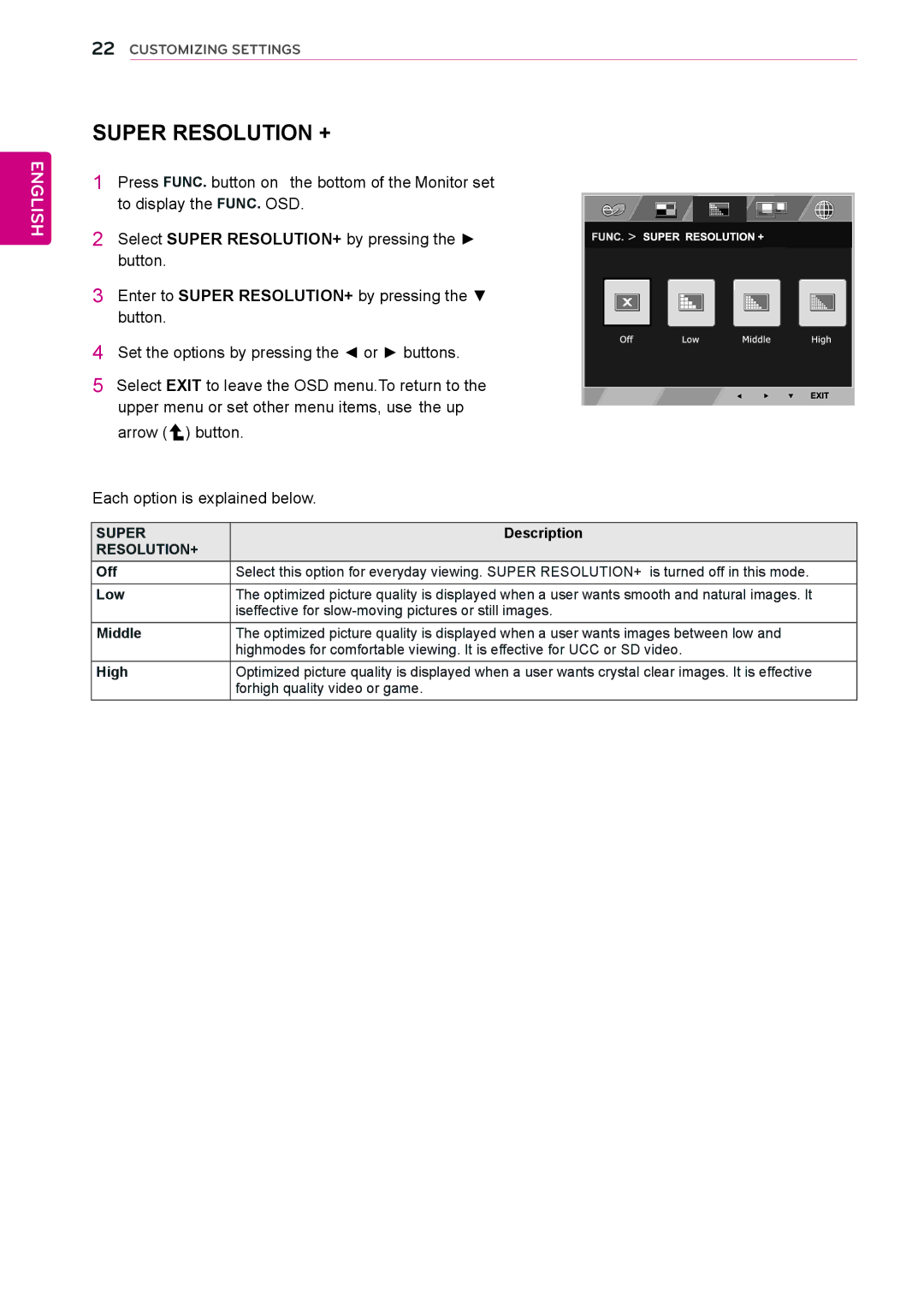 LG Electronics 22MP55HQ, 27MP55HQ, 24MP55HQ, 23MP55HQ owner manual Super, Resolution+, Off, Middle 