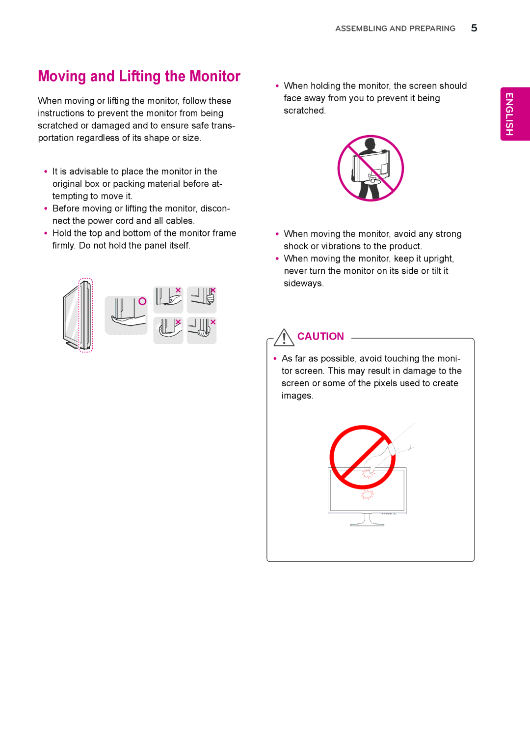 LG Electronics 27MP55HQ, 24MP55HQ, 22MP55HQ, 23MP55HQ owner manual Moving and Lifting the Monitor 