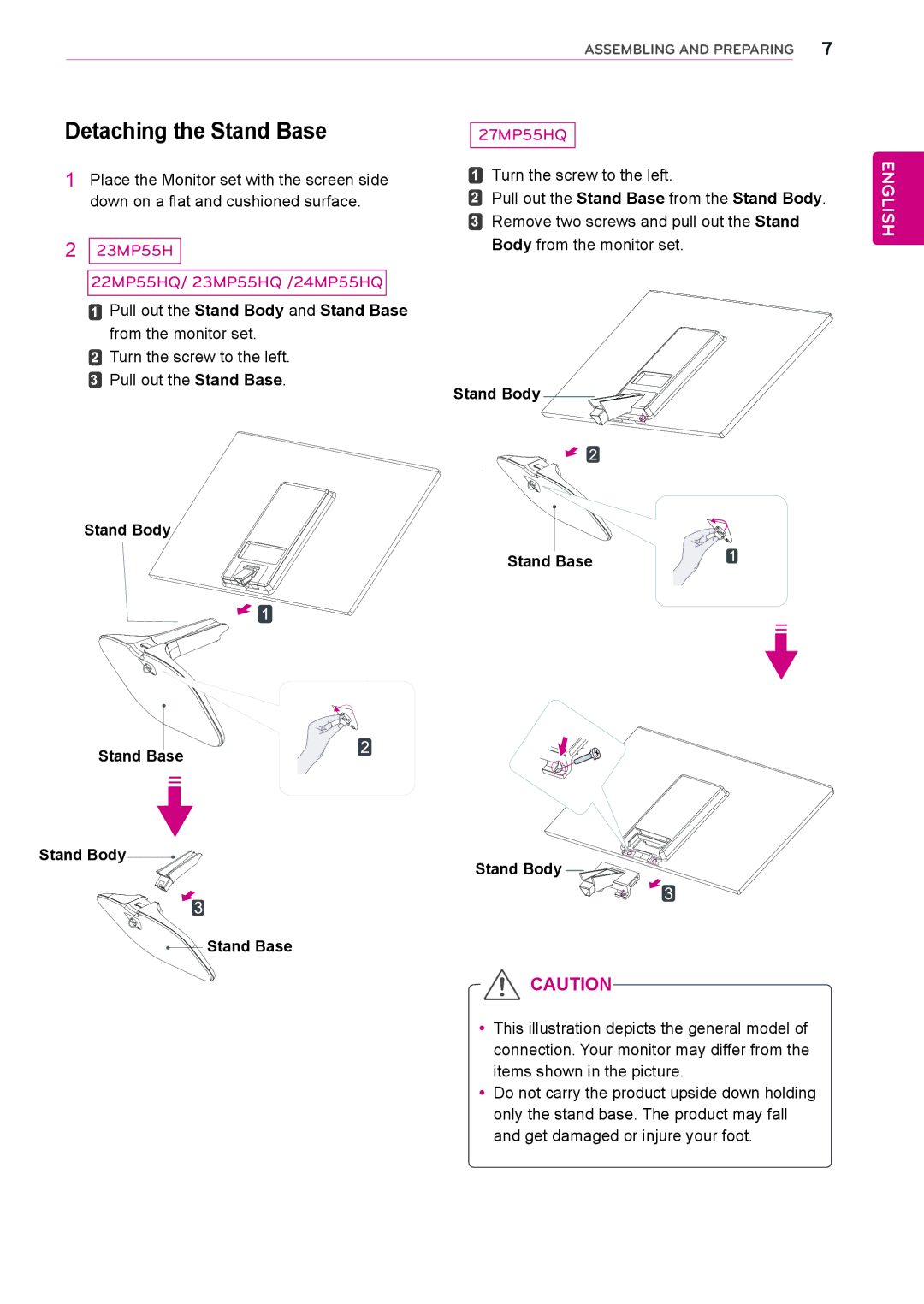 LG Electronics 22MP55HQ, 27MP55HQ Detaching the Stand Base, Pull out the Stand Body and Stand Base from the monitor set 