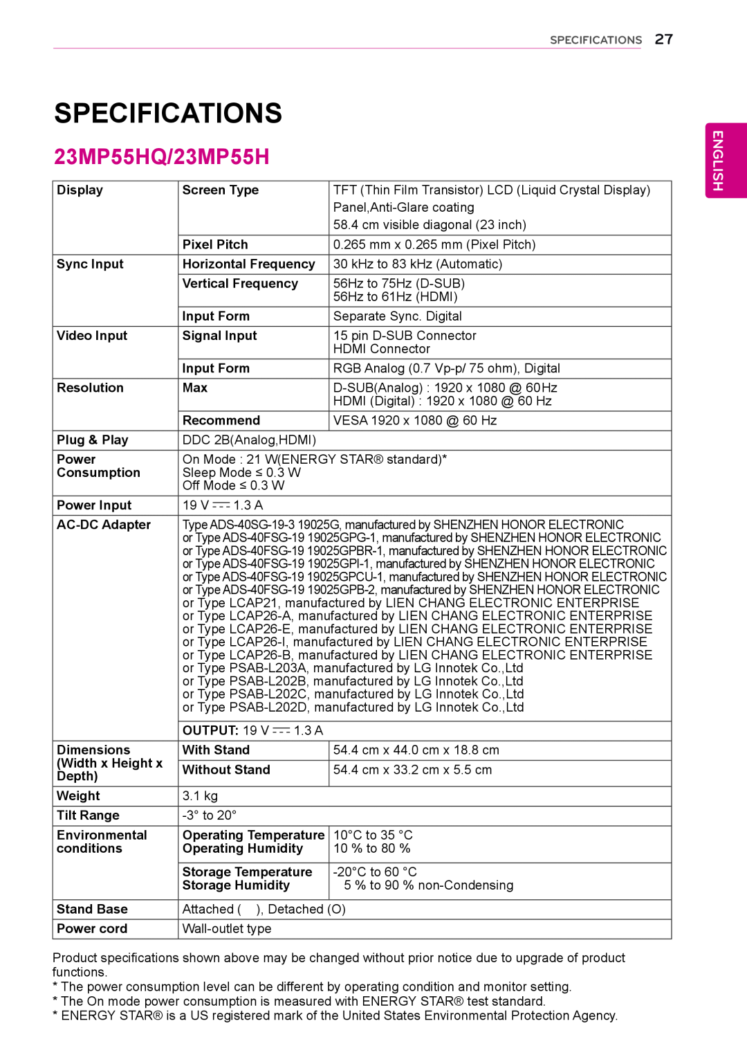 LG Electronics 22MP55HQ, 27MP55HQ, 24MP55HQ owner manual 23MP55HQ/23MP55H, Specifications, English 
