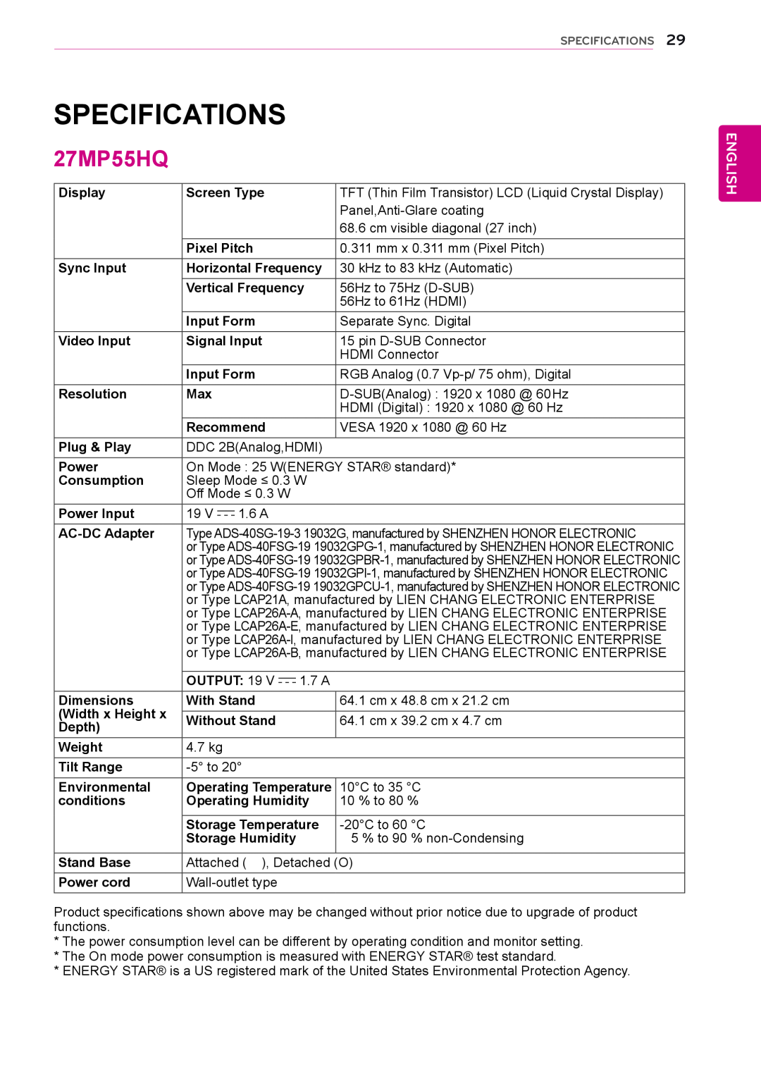 LG Electronics 27MP55HQ, 24MP55HQ, 22MP55HQ, 23MP55HQ owner manual Specifications, English 