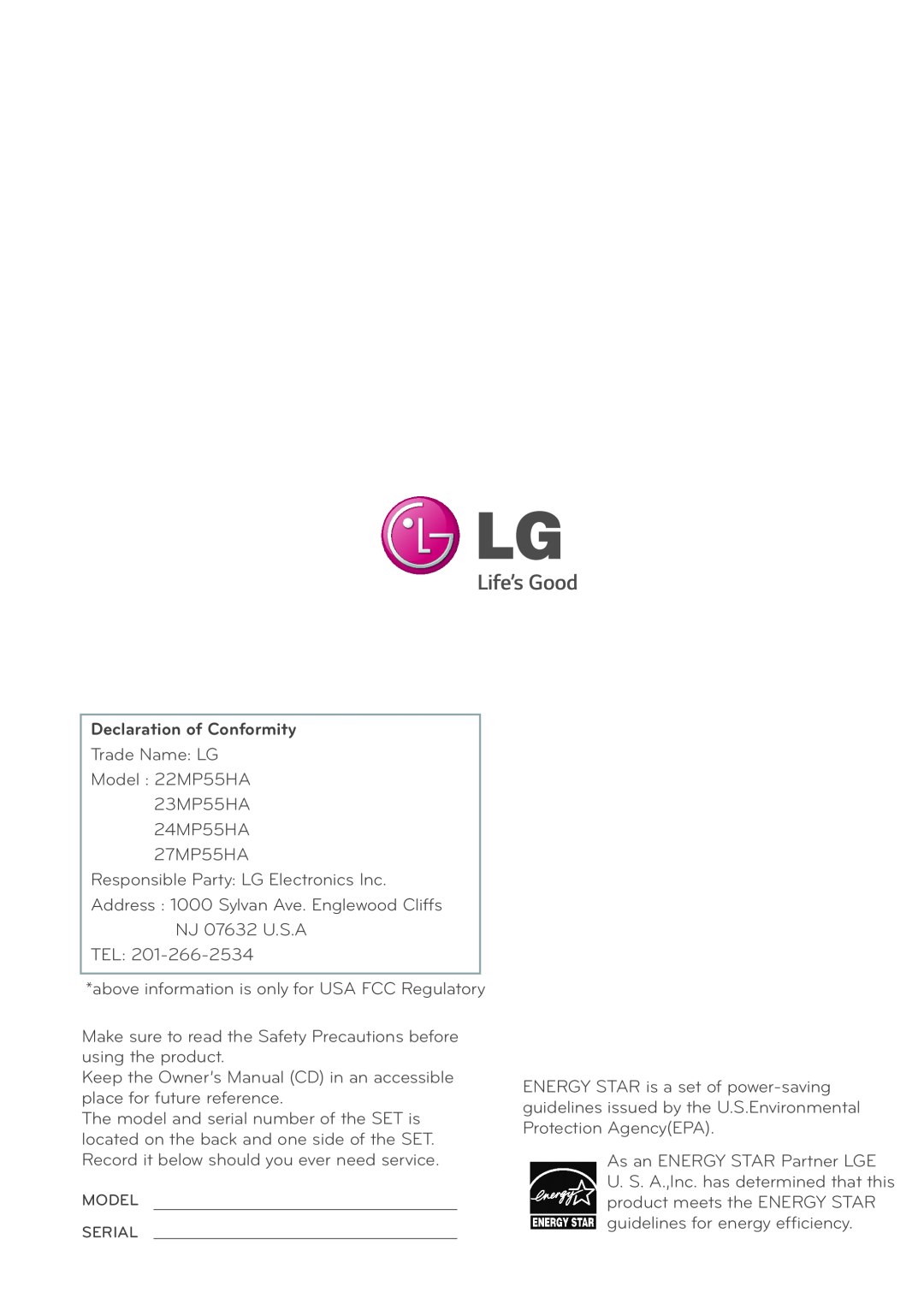 LG Electronics 22MP55HQ, 27MP55HQ, 24MP55HQ, 23MP55HQ owner manual Declaration of Conformity 