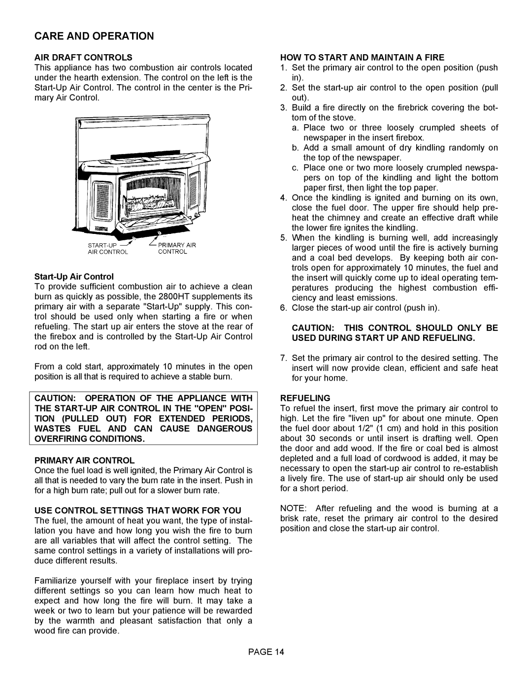 LG Electronics 2800HT AIR Draft Controls, Start-Up Air Control, HOW to Start and Maintain a Fire, Refueling 