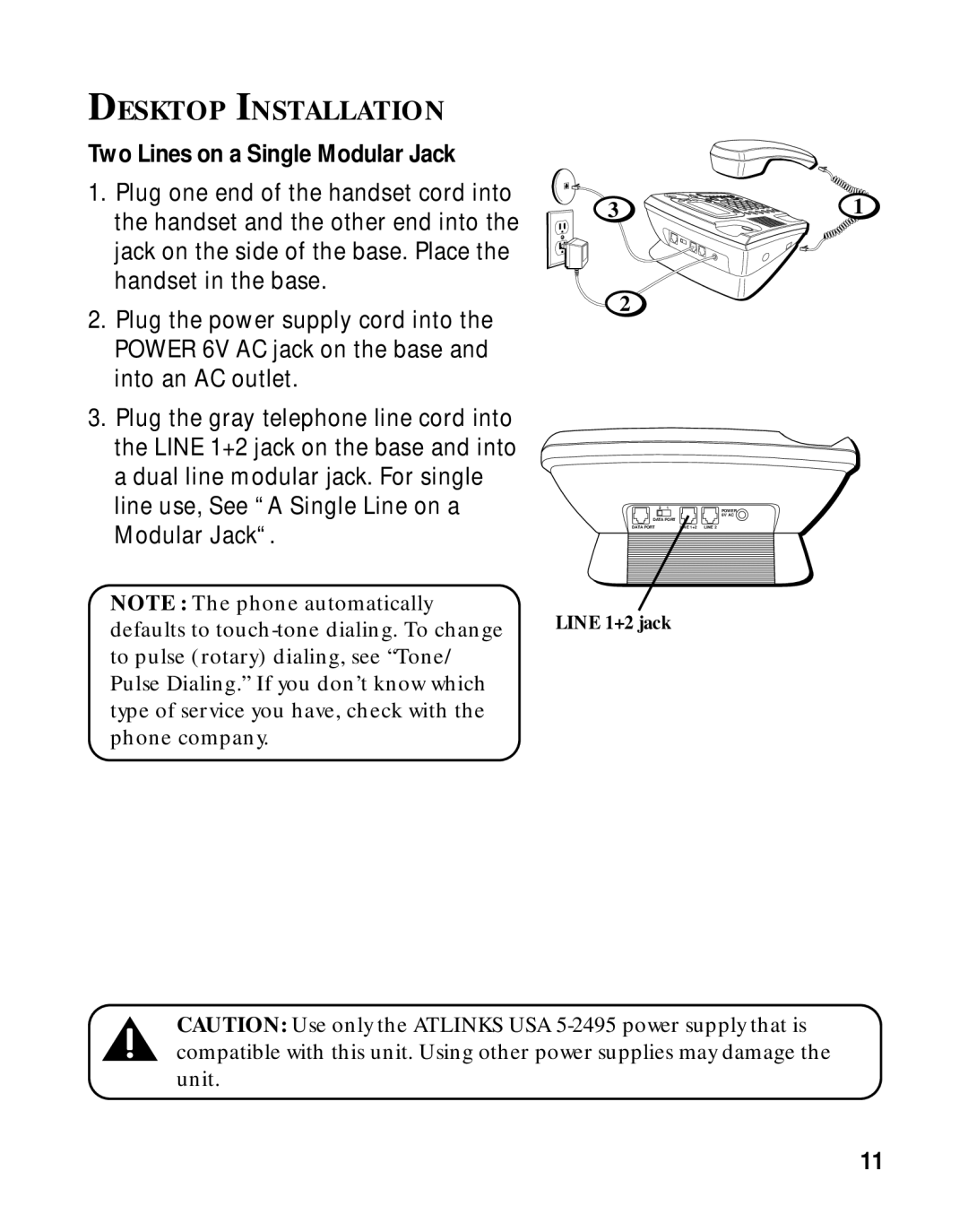 LG Electronics 29460 manual Desktop Installation, Line 1+2 jack 