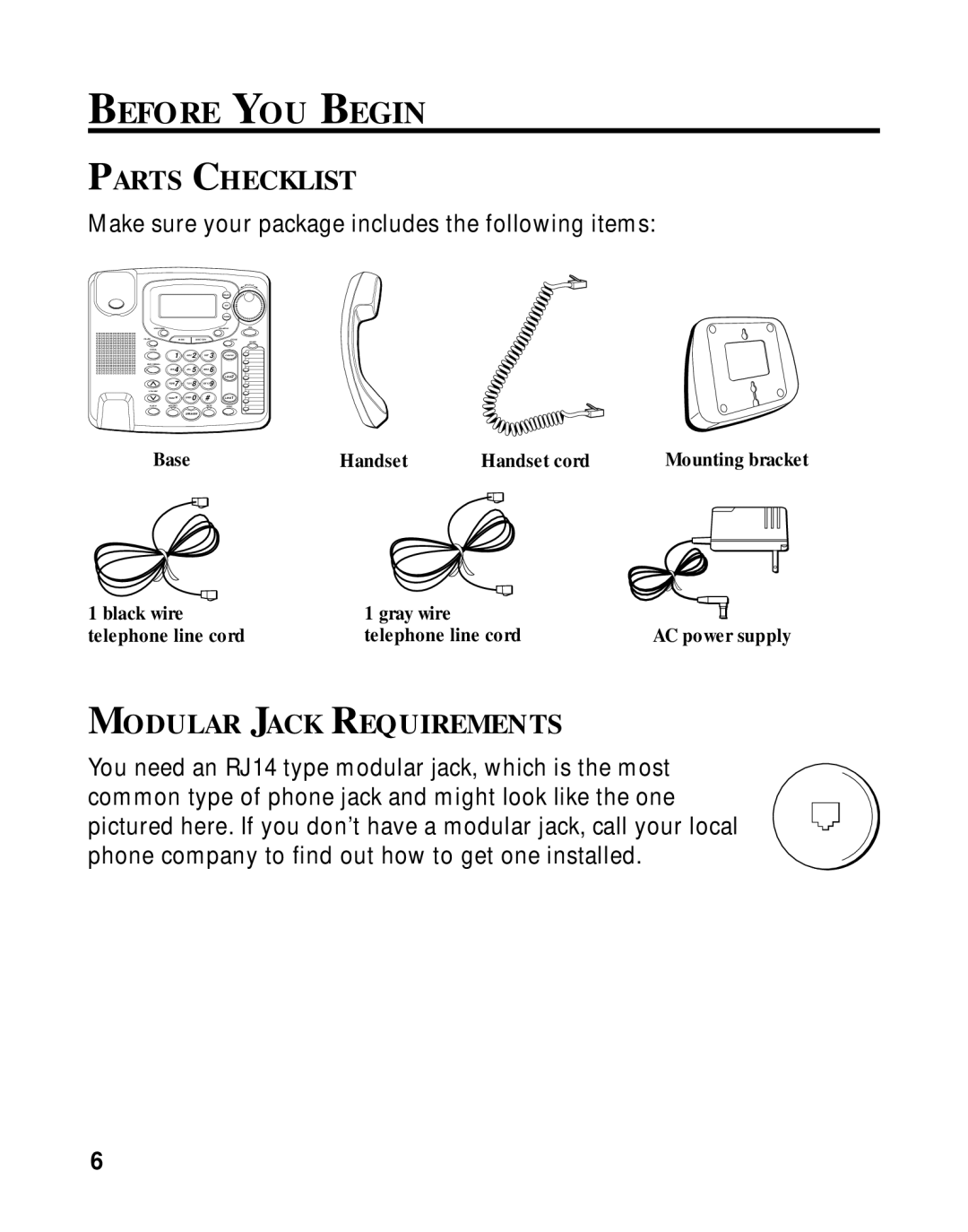 LG Electronics 29460 manual Before YOU Begin, Parts Checklist, Modular Jack Requirements, Base Handset Handset cord 