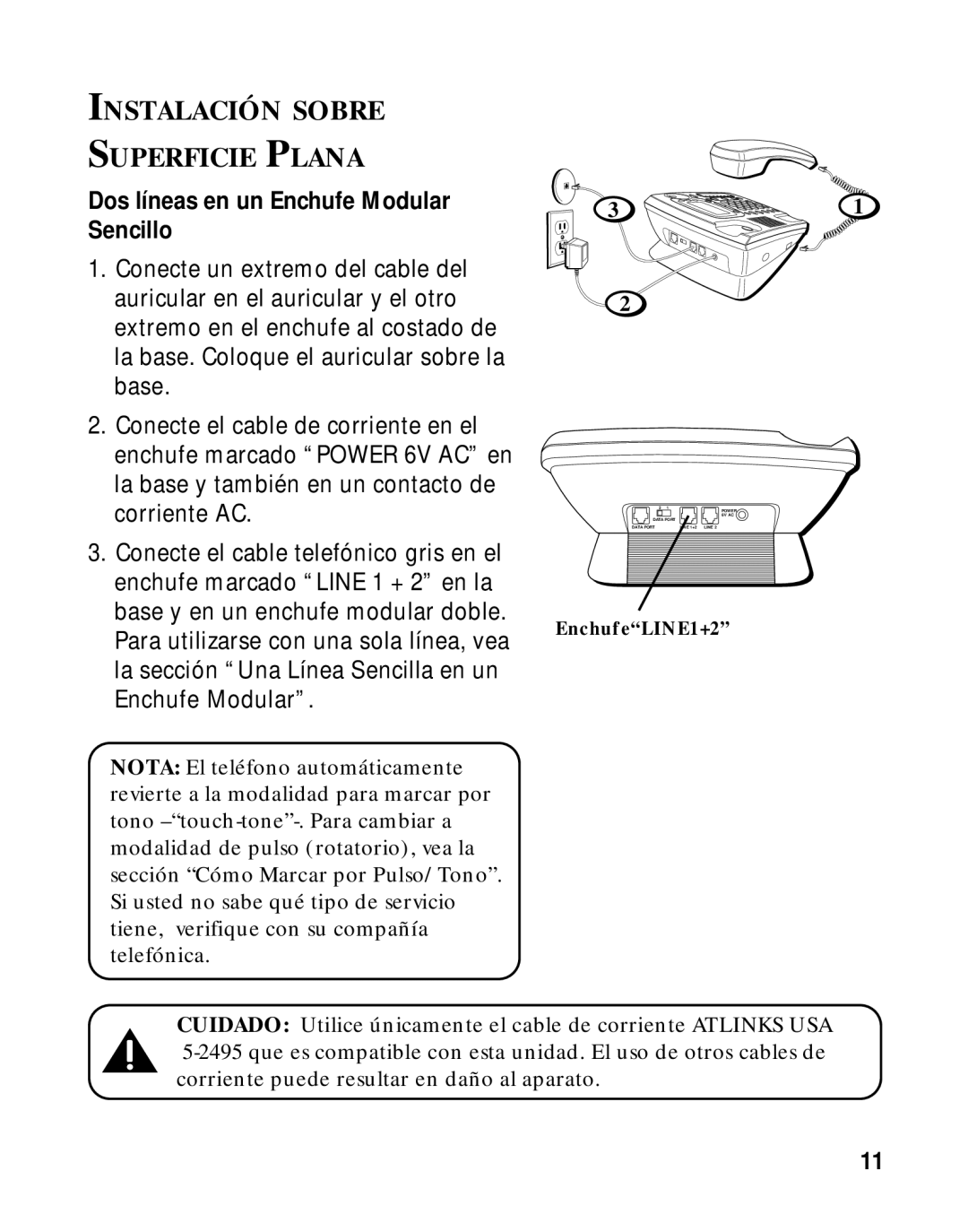 LG Electronics 29460 manual Instalación Sobre Superficie Plana, EnchufeLINE1+2 