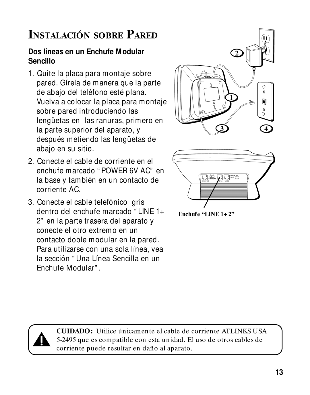 LG Electronics 29460 manual Instalación Sobre Pared, Enchufe Line 1+ 