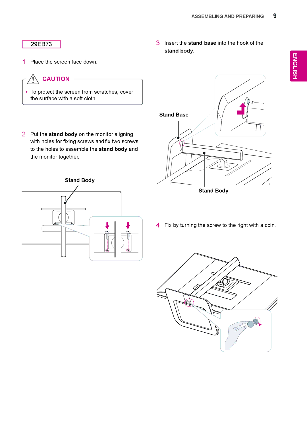 LG Electronics 29EB73, 29EA73 owner manual Insert the stand base into the hook 