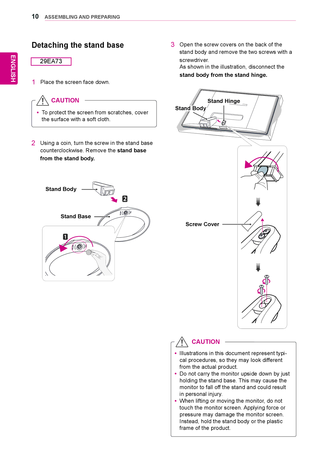 LG Electronics 29EA73, 29EB73 Detaching the stand base, Stand Body Stand Base, Stand Hinge Stand Body Screw Cover 