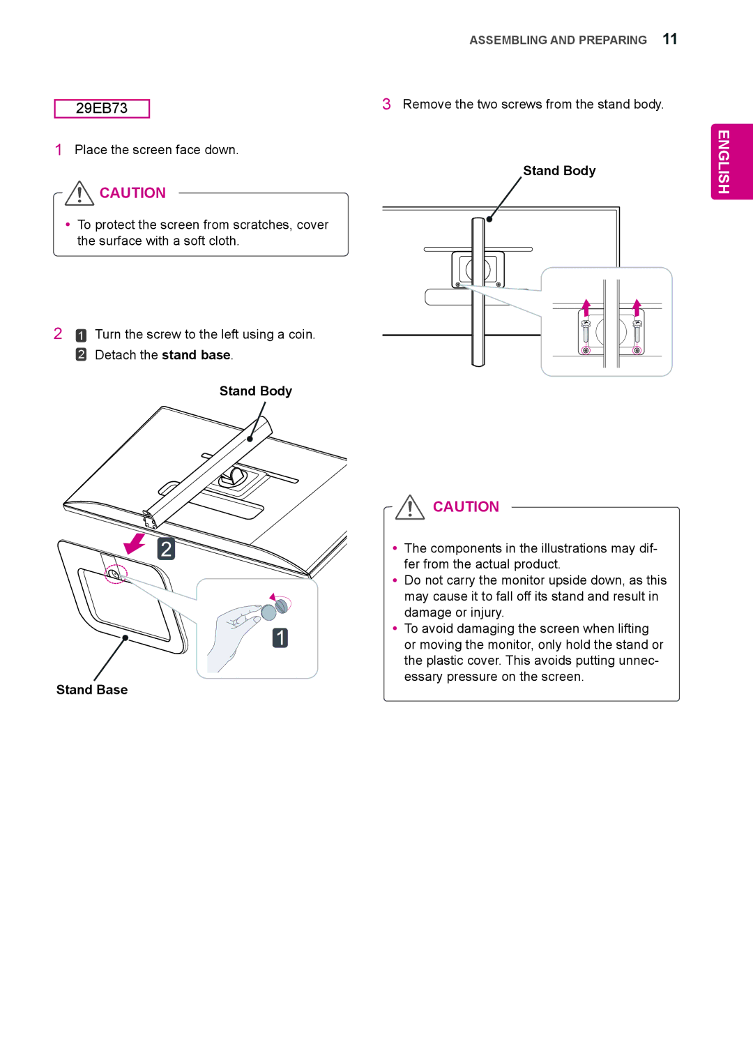 LG Electronics 29EB73, 29EA73 owner manual Remove the two screws from the stand body 