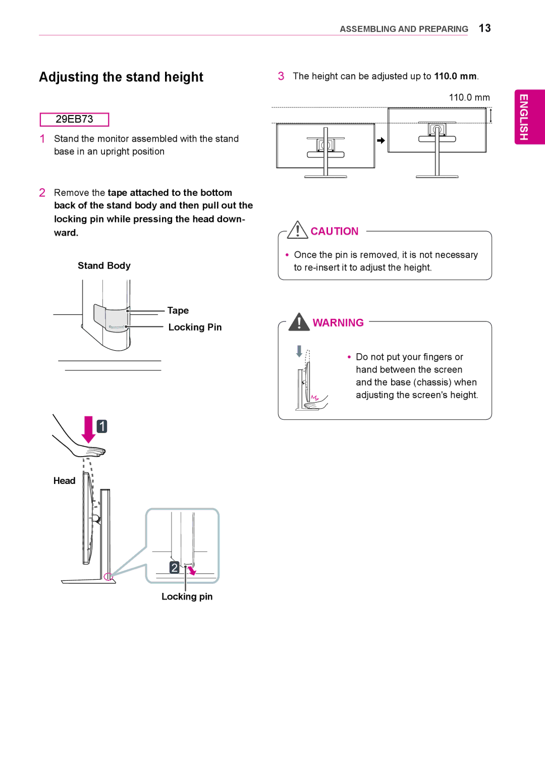 LG Electronics 29EB73, 29EA73 owner manual Adjusting the stand height, Head Locking pin 