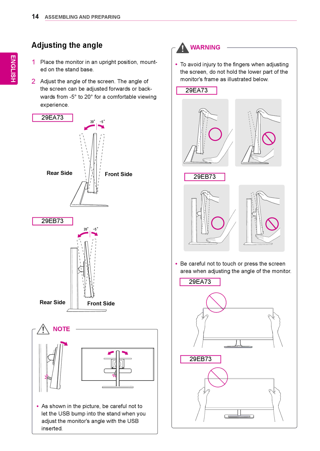 LG Electronics 29EA73, 29EB73 owner manual Adjusting the angle, Rear Side Front Side 