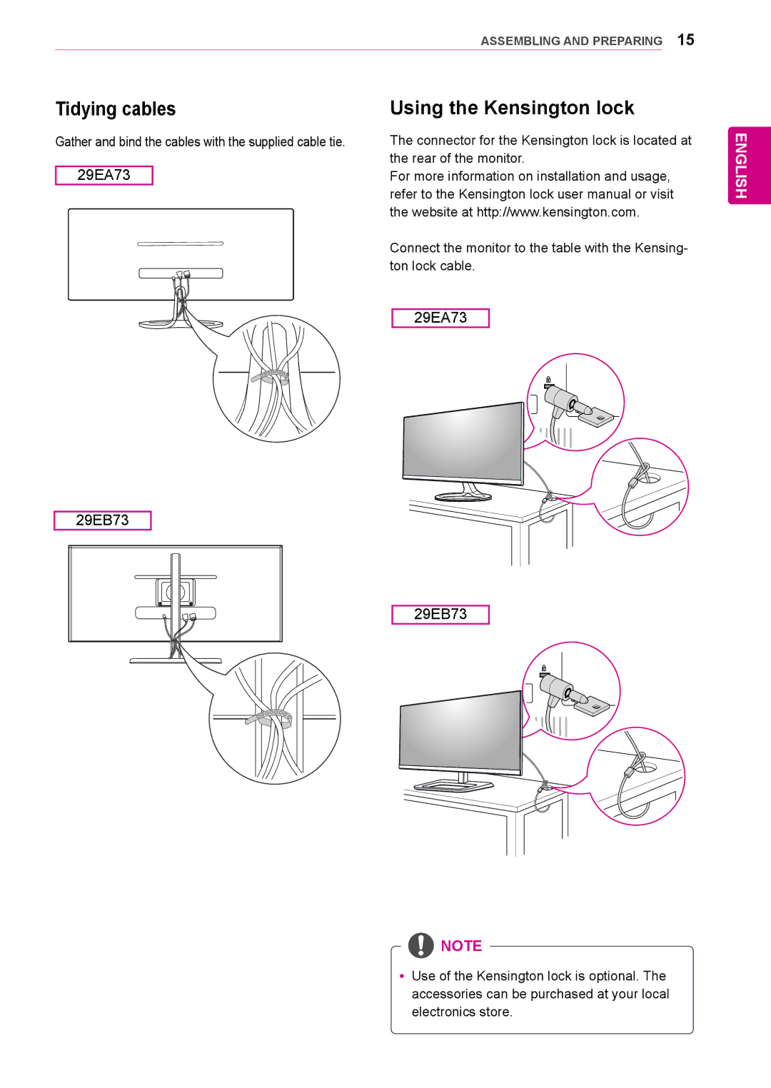 LG Electronics 29EB73, 29EA73 owner manual Tidying cables, Using the Kensington lock 